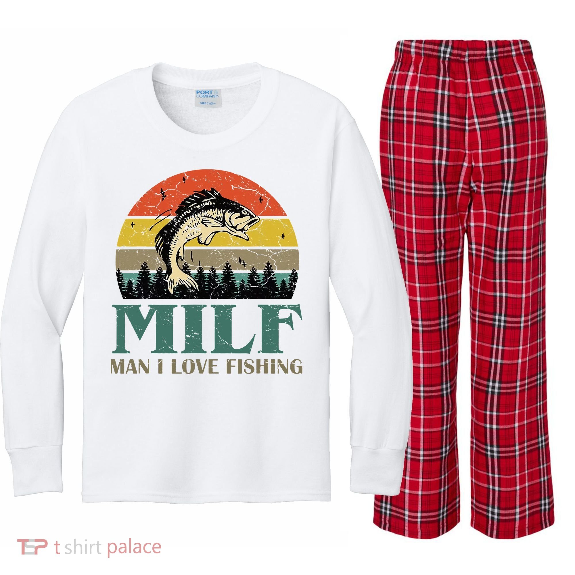 Man I Love Fishing Funny Kids Long Sleeve Plaid Pajama Set
