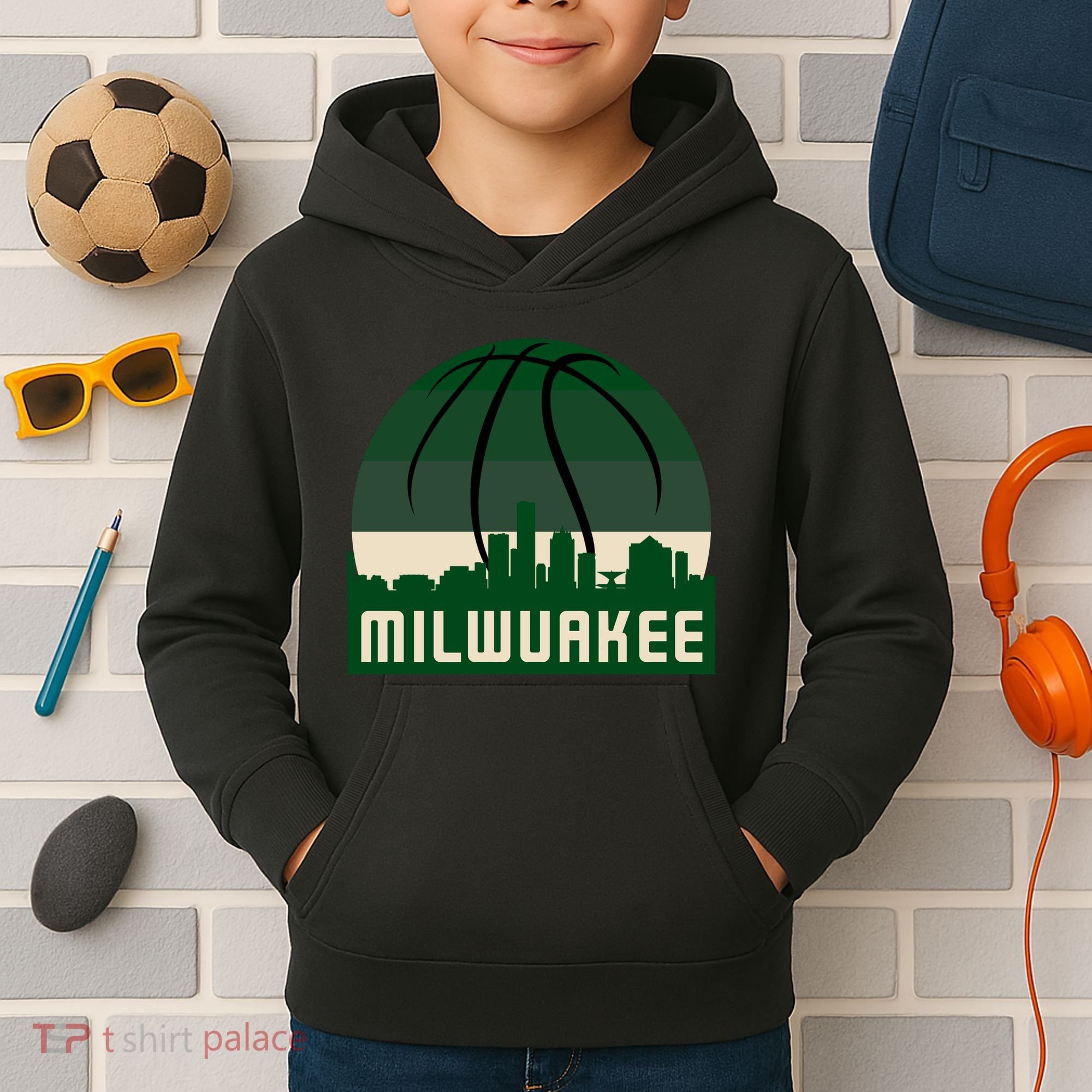 Milwaukee Basketball City Skyline Kids Hoodie