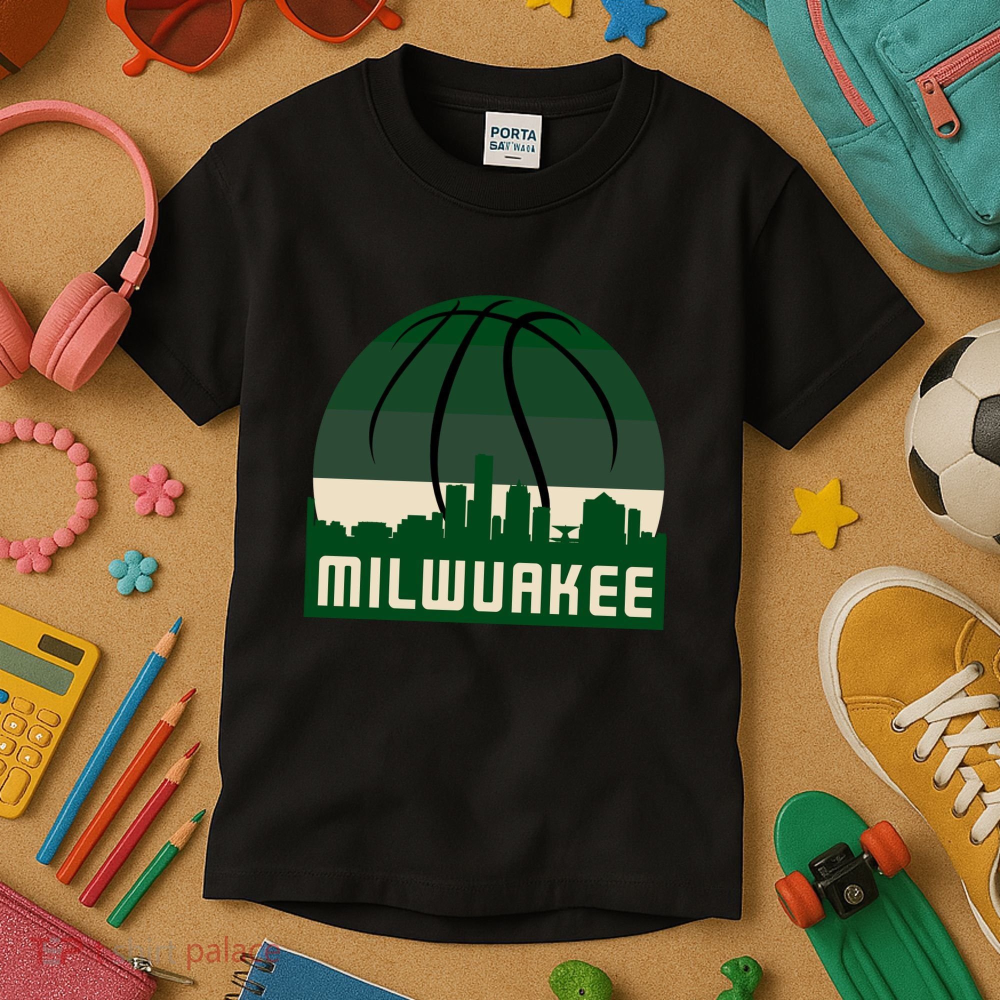 Milwaukee Basketball City Skyline Kids T-Shirt