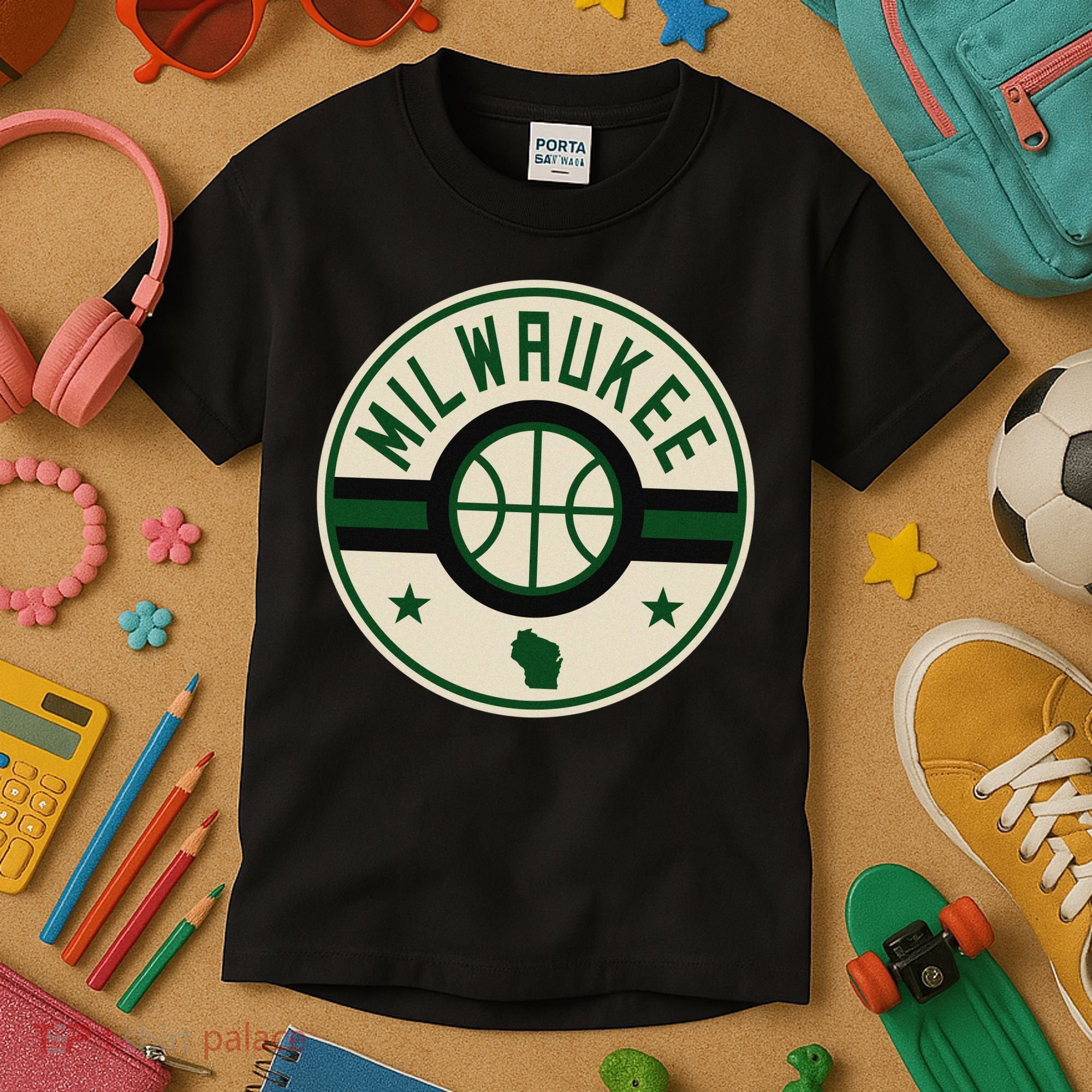 Milwaukee Basketball Stars And Stripes Wisconsin Map Kids T-Shirt