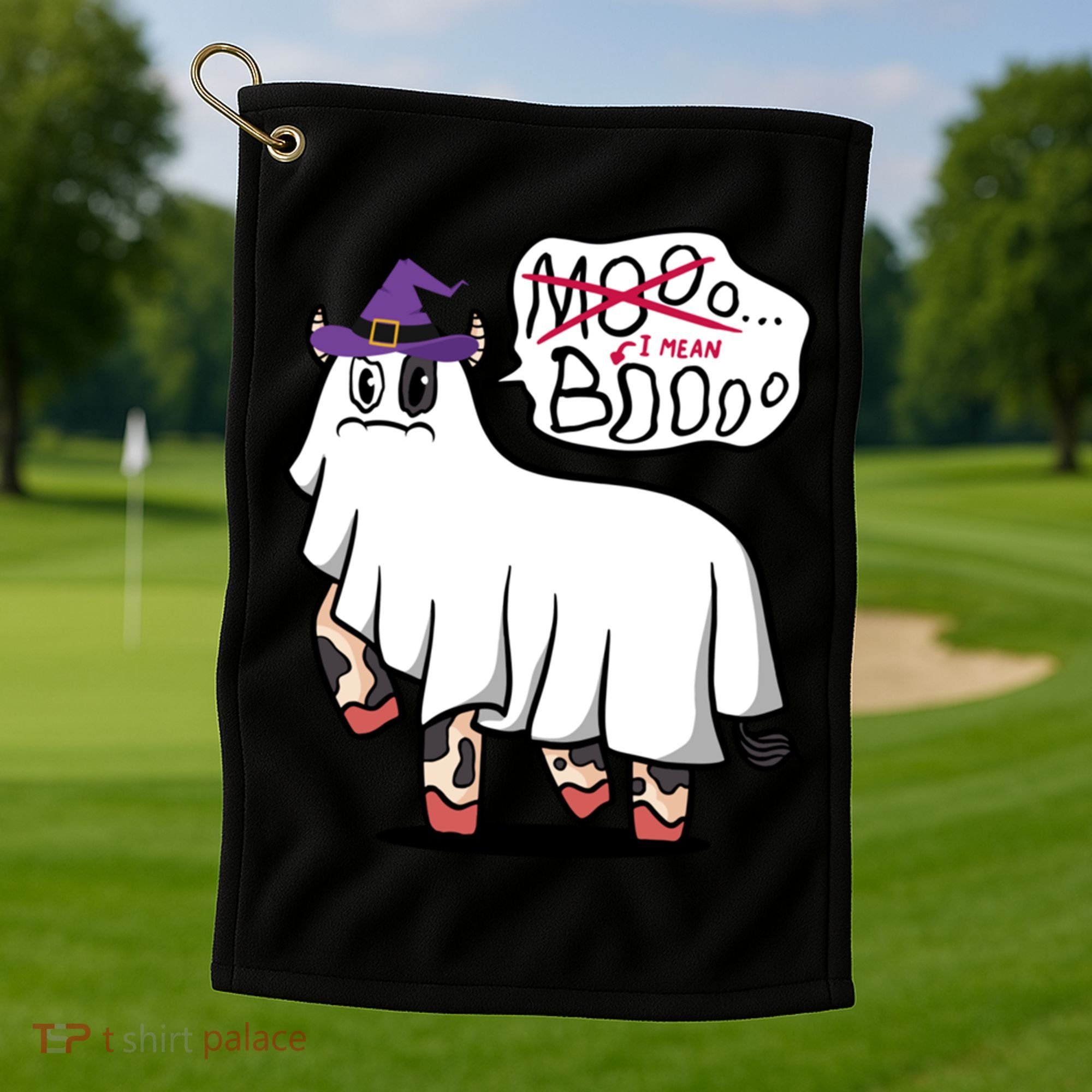 Mooo I Mean Boo Funny Gift Halloween Funny Cow Gift Golf Towel