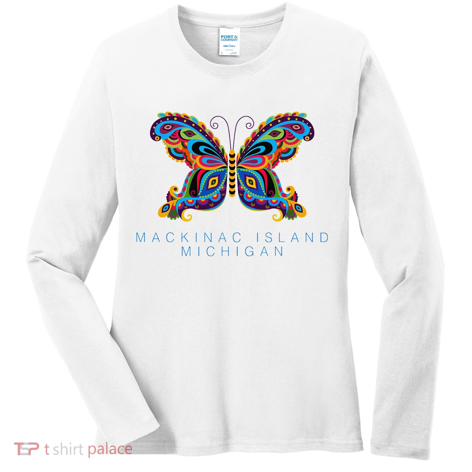 Mackinac Island Michigan Souvenir Butterfly Graphic Women's Long Sleeve Shirt