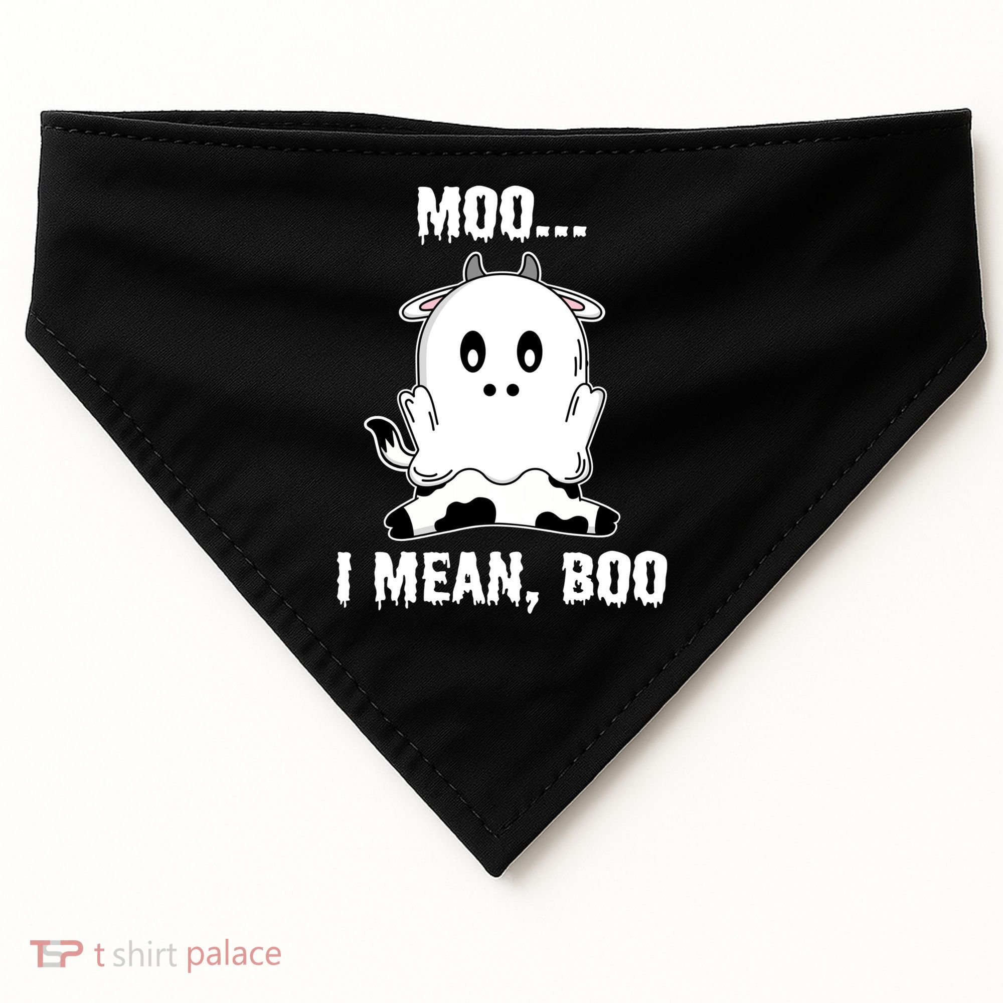 Moo I Mean Boo Funny Ghost Cow Print Halloween Gift USA-Made Doggie Bandana