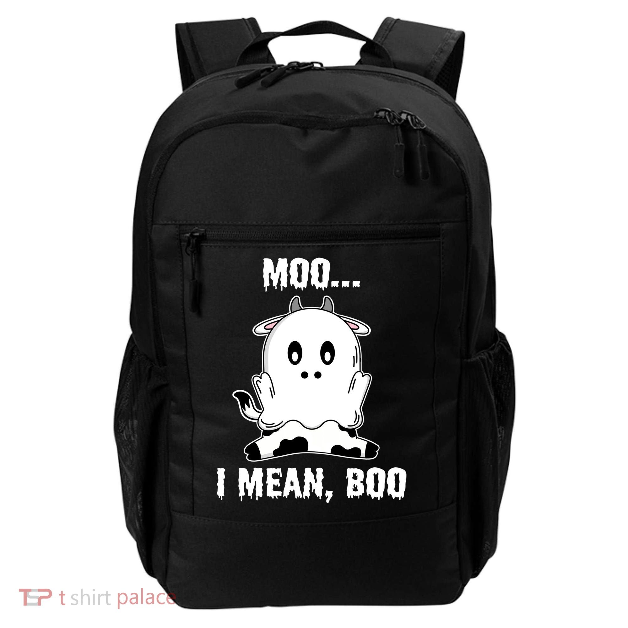 Moo I Mean Boo Funny Ghost Cow Print Halloween Gift Backpack