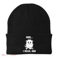 Moo I Mean Boo Funny Ghost Cow Print Halloween Gift Beanie thumb 0
