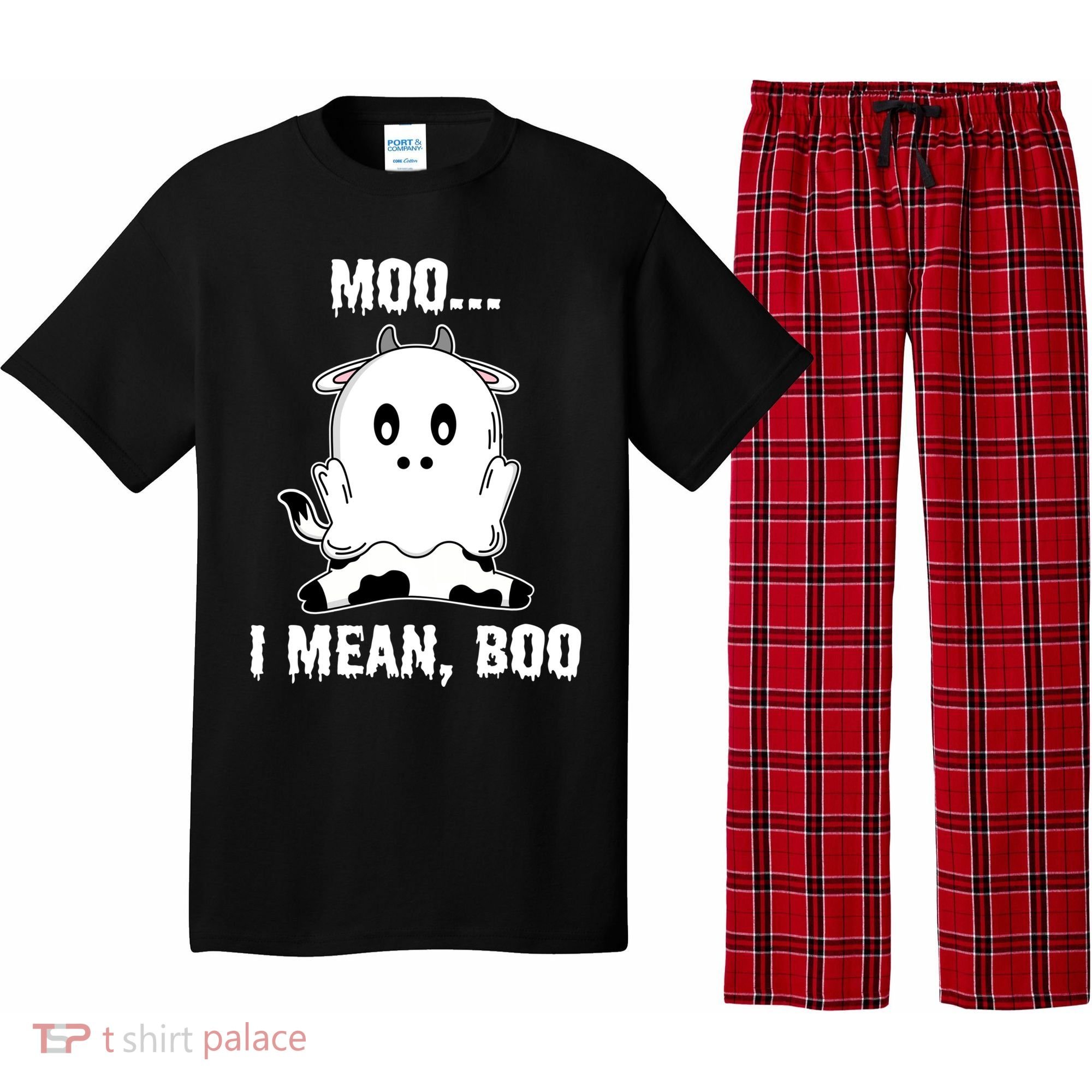 Moo I Mean Boo Funny Ghost Cow Print Halloween Gift Pajama Set