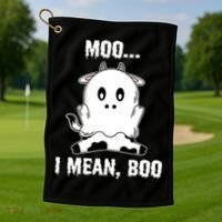 Moo I Mean Boo Funny Ghost Cow Print Halloween Gift Golf Towel thumb 1