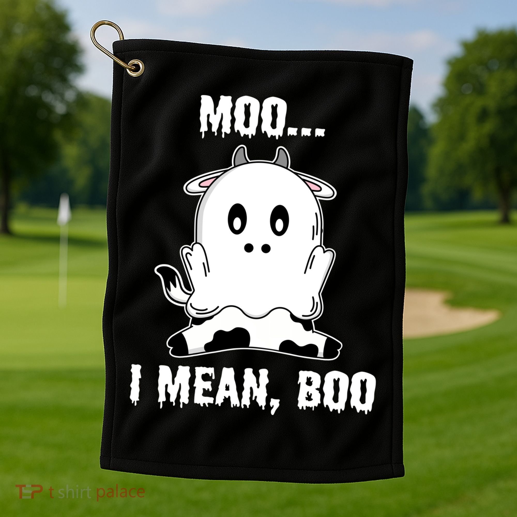 Moo I Mean Boo Funny Ghost Cow Print Halloween Gift Golf Towel