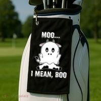 Moo I Mean Boo Funny Ghost Cow Print Halloween Gift Golf Towel thumb 2