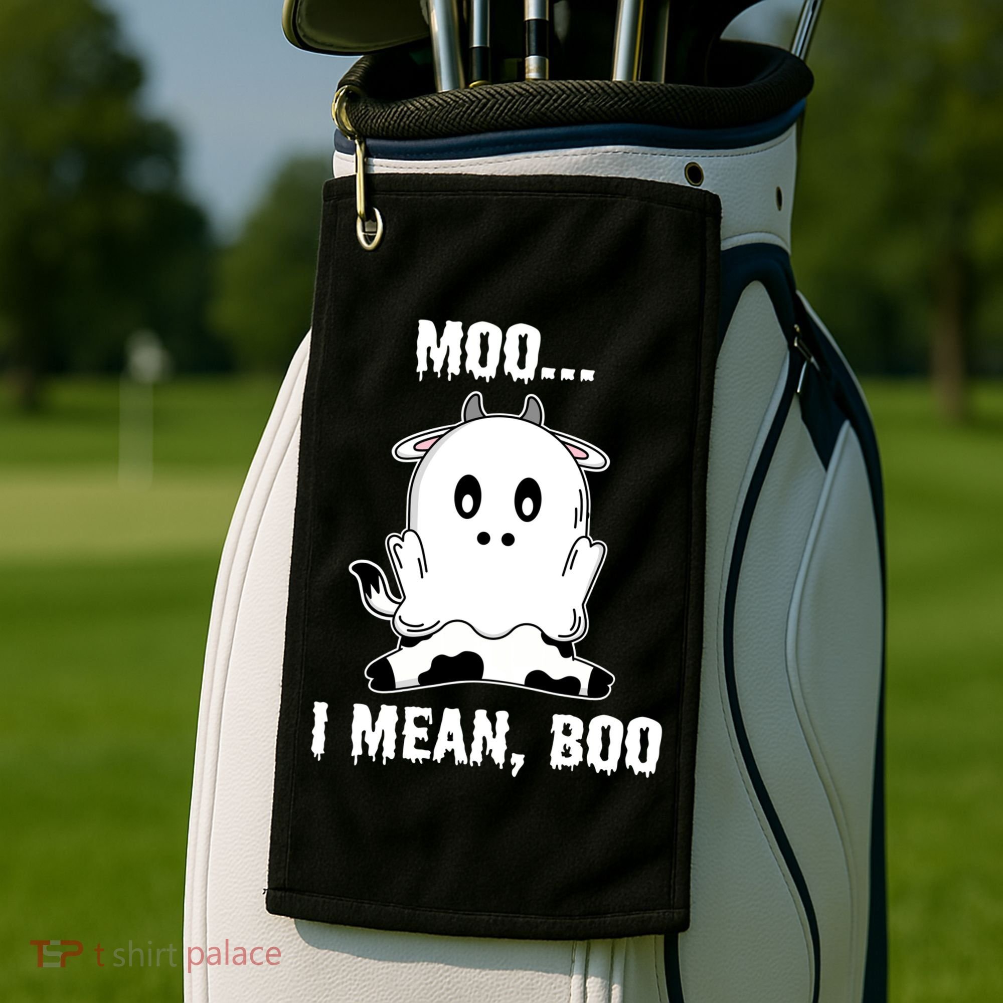 Moo I Mean Boo Funny Ghost Cow Print Halloween Gift Golf Towel