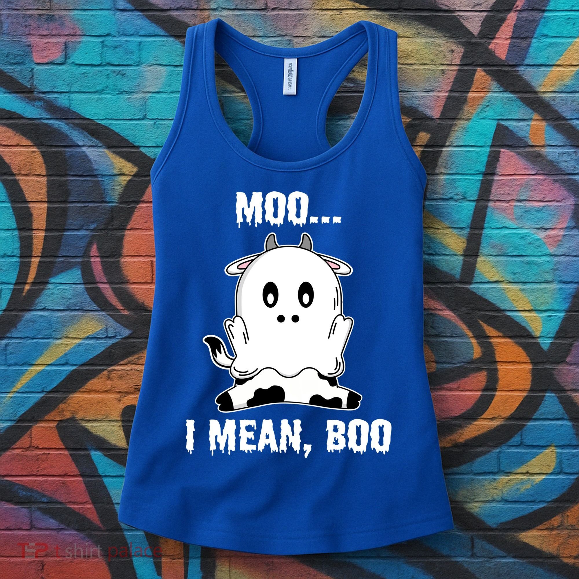 Moo I Mean Boo Funny Ghost Cow Print Halloween Gift Women's Tank Top