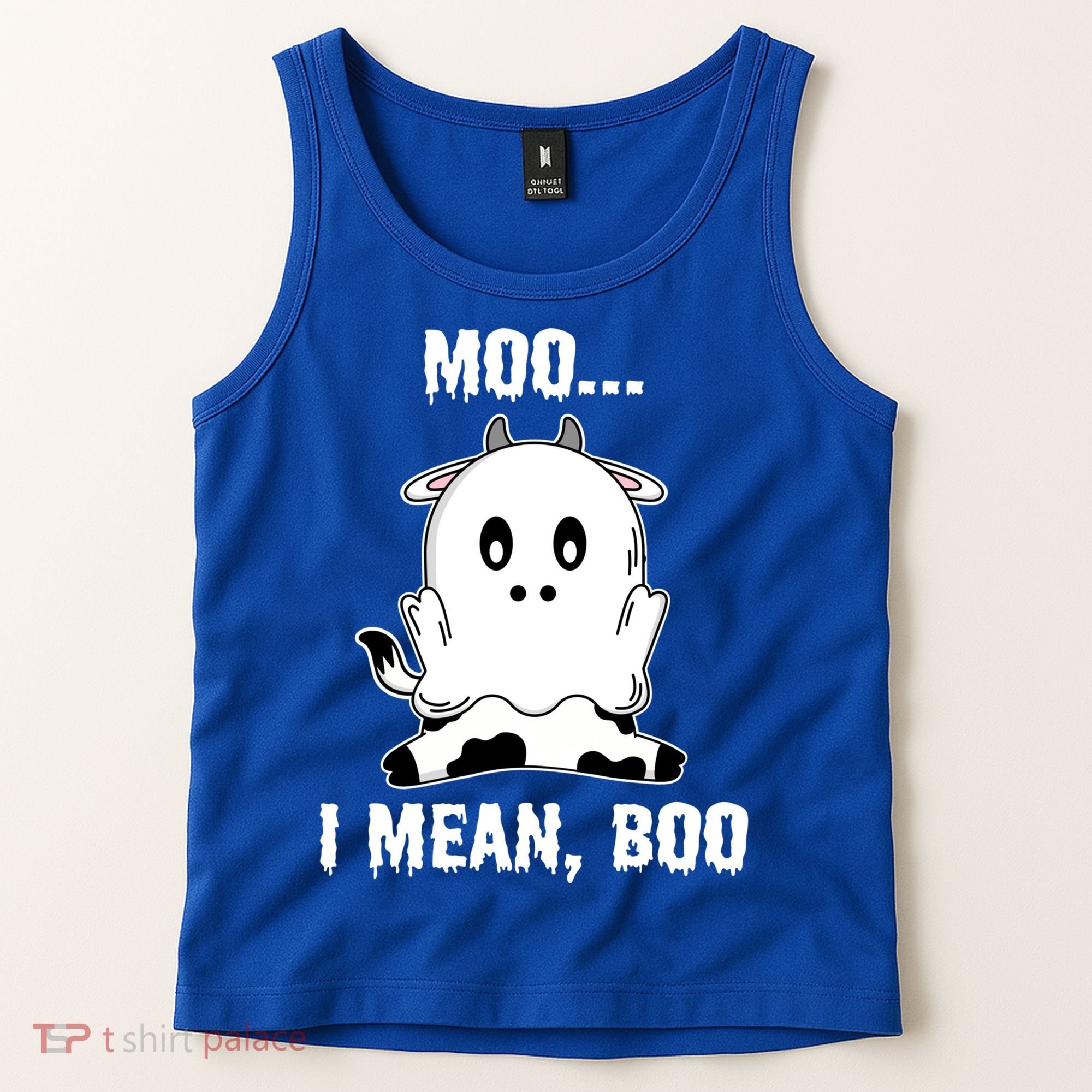 Moo I Mean Boo Funny Ghost Cow Print Halloween Gift Tank Top