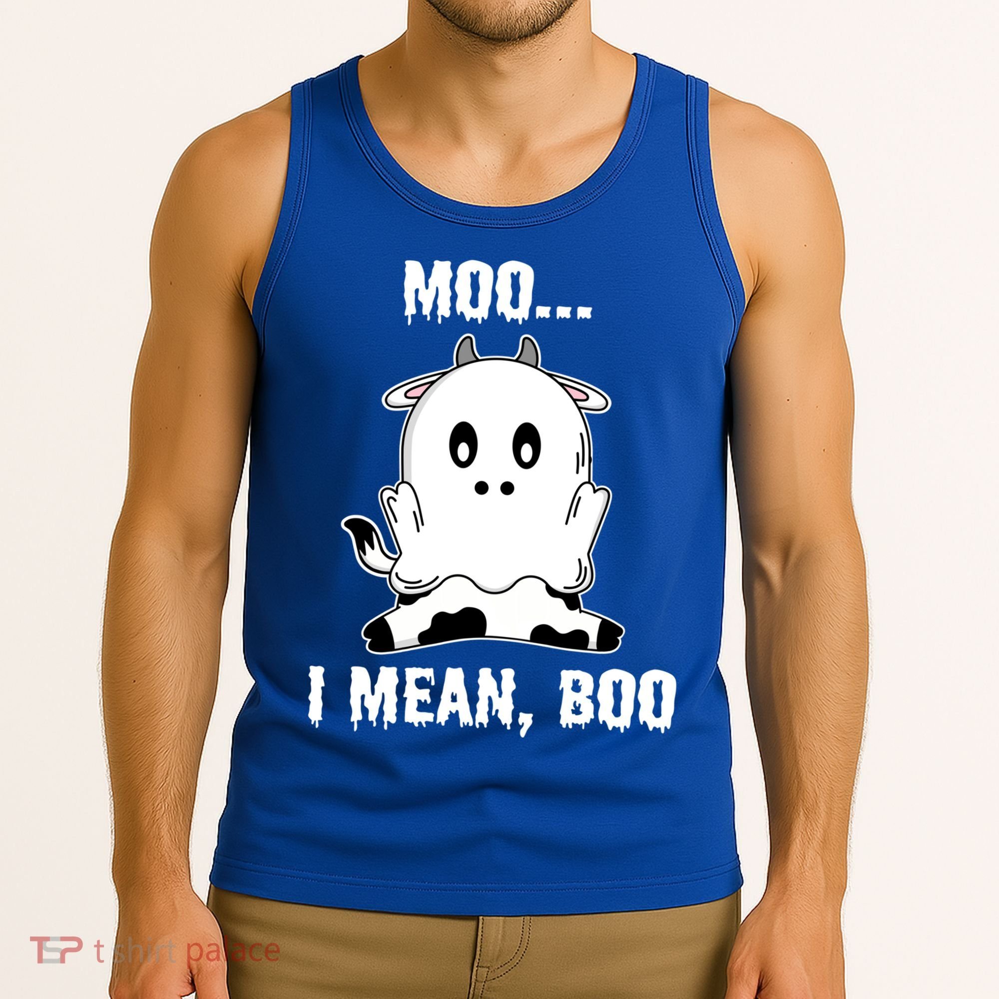 Moo I Mean Boo Funny Ghost Cow Print Halloween Gift Tank Top