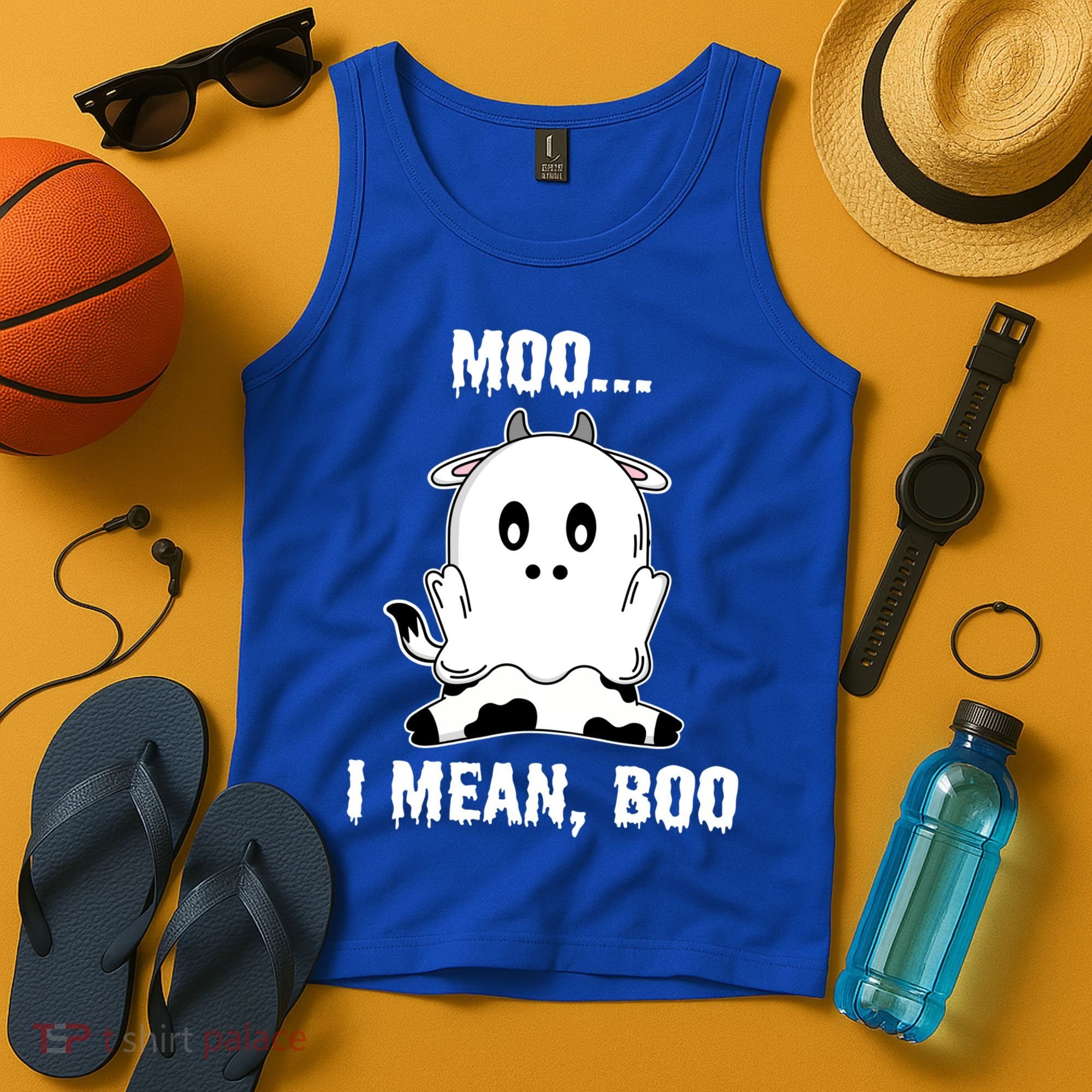 Moo I Mean Boo Funny Ghost Cow Print Halloween Gift Tank Top