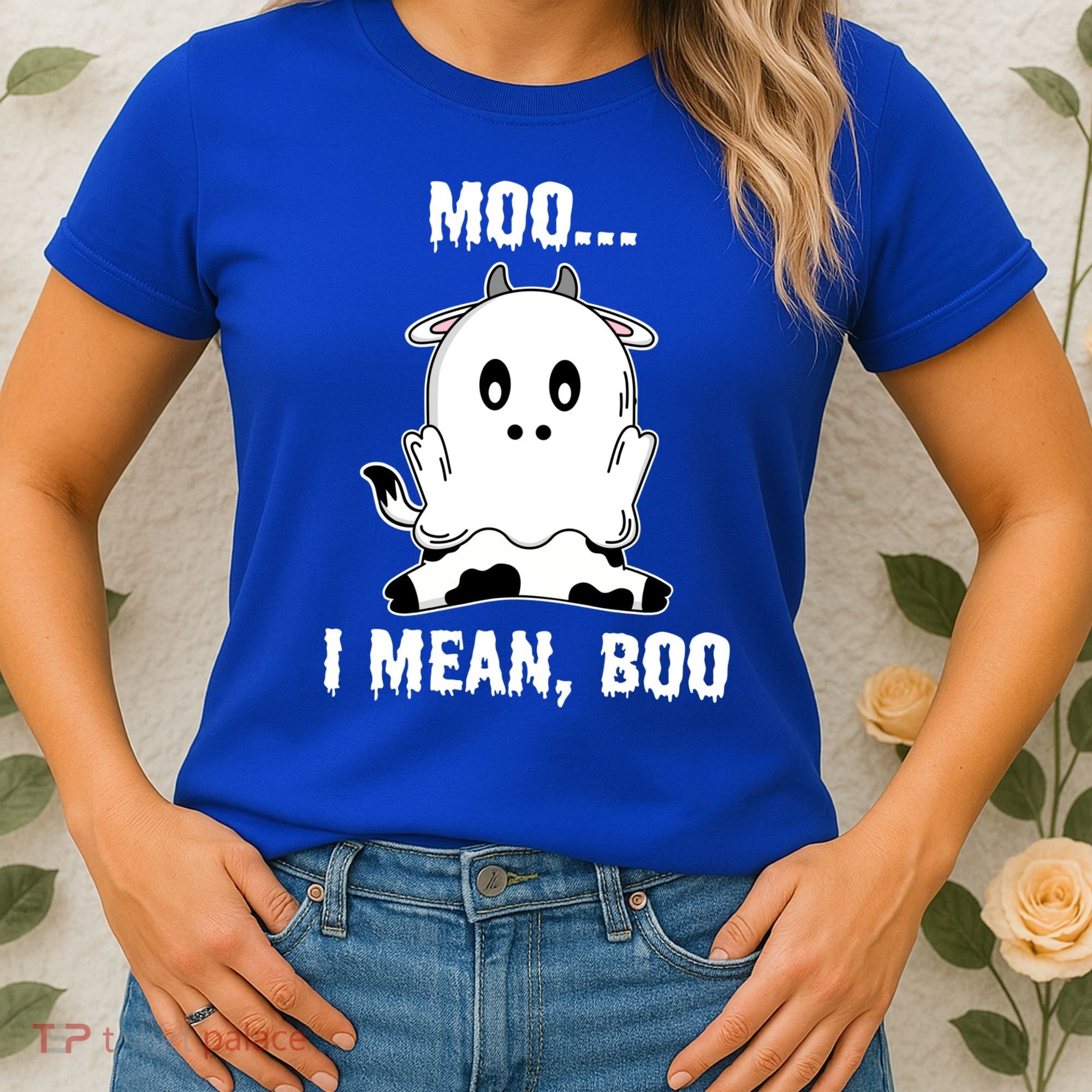Moo I Mean Boo Funny Ghost Cow Print Halloween Gift Women's T-Shirt