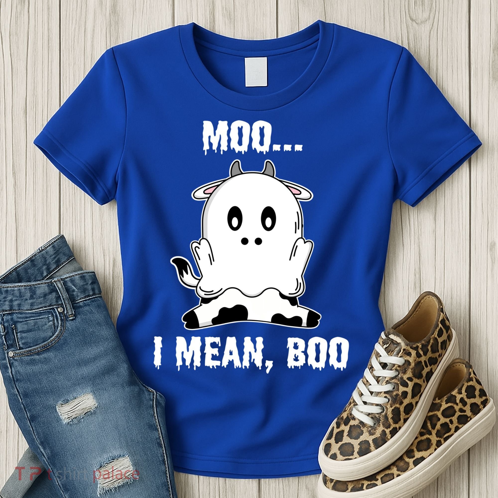 Moo I Mean Boo Funny Ghost Cow Print Halloween Gift Women's T-Shirt