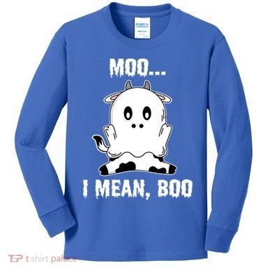 Moo I Mean Boo Funny Ghost Cow Print Halloween Gift Kids Long Sleeve Shirt