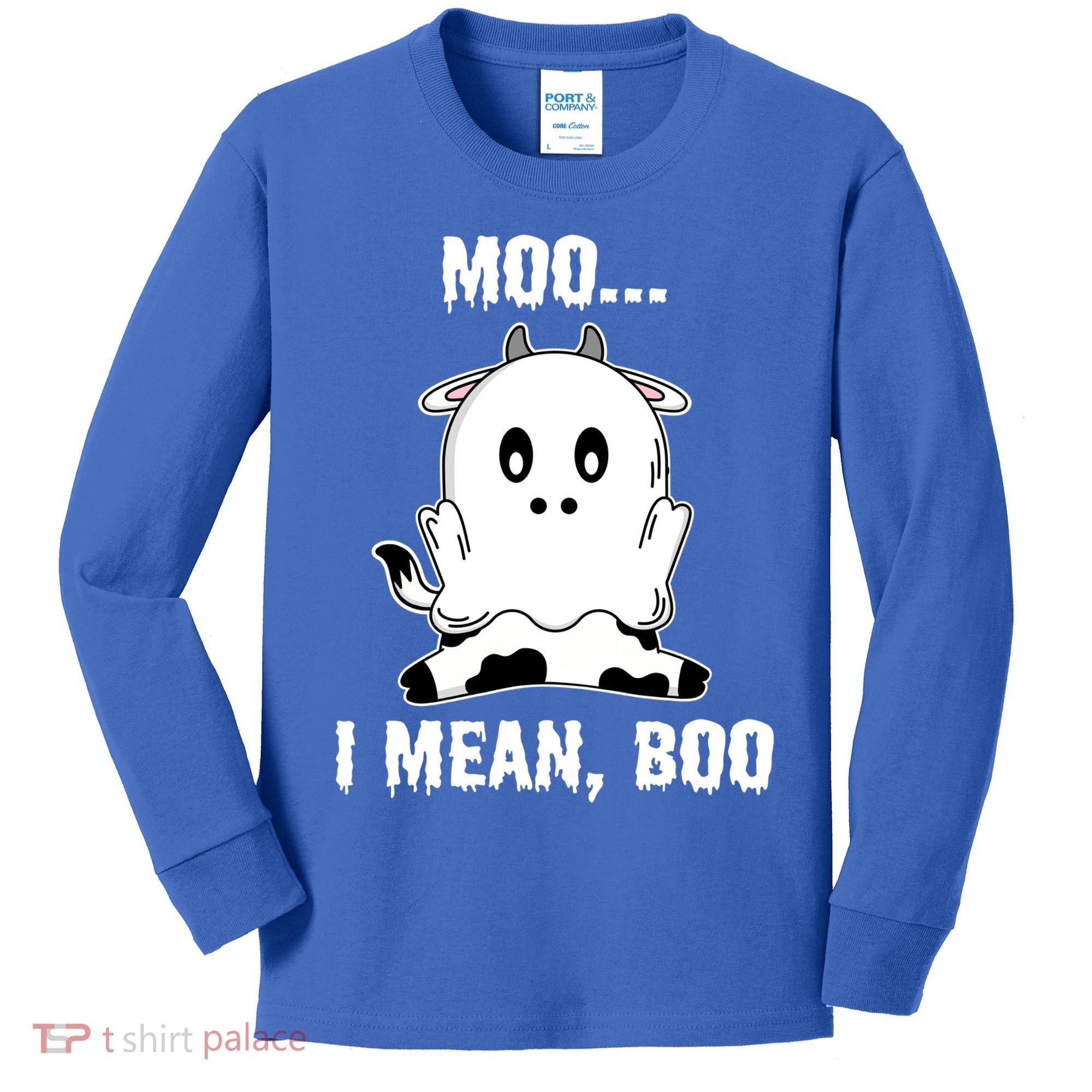 Moo I Mean Boo Funny Ghost Cow Print Halloween Gift Kids Long Sleeve Shirt