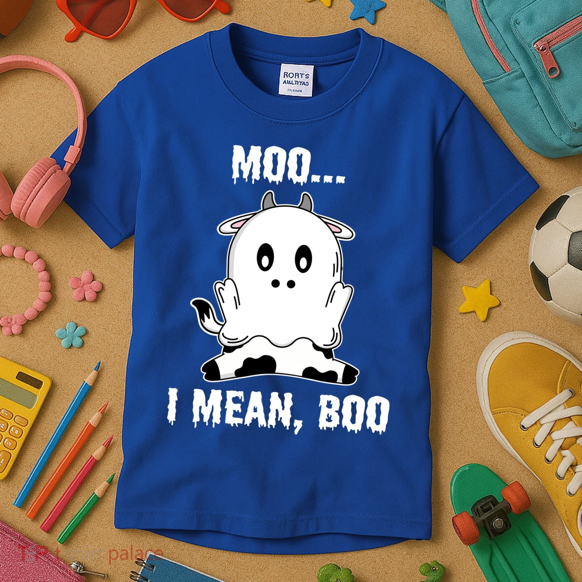 Moo I Mean Boo Funny Ghost Cow Print Halloween Gift Kids T-Shirt
