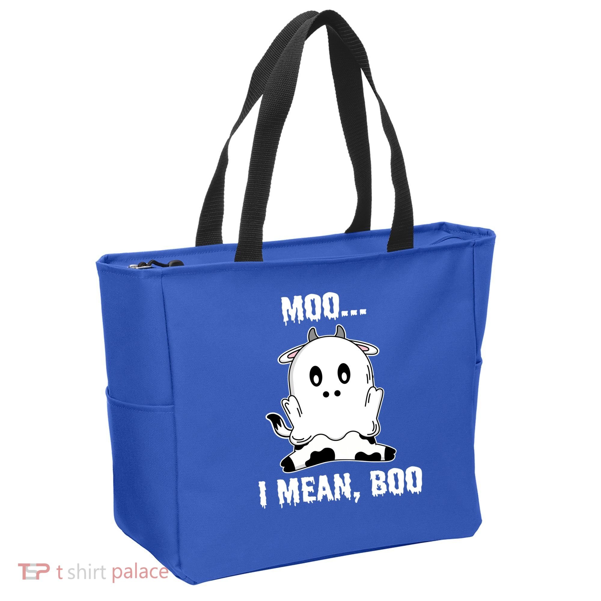 Moo I Mean Boo Funny Ghost Cow Print Halloween Gift Tote Bag