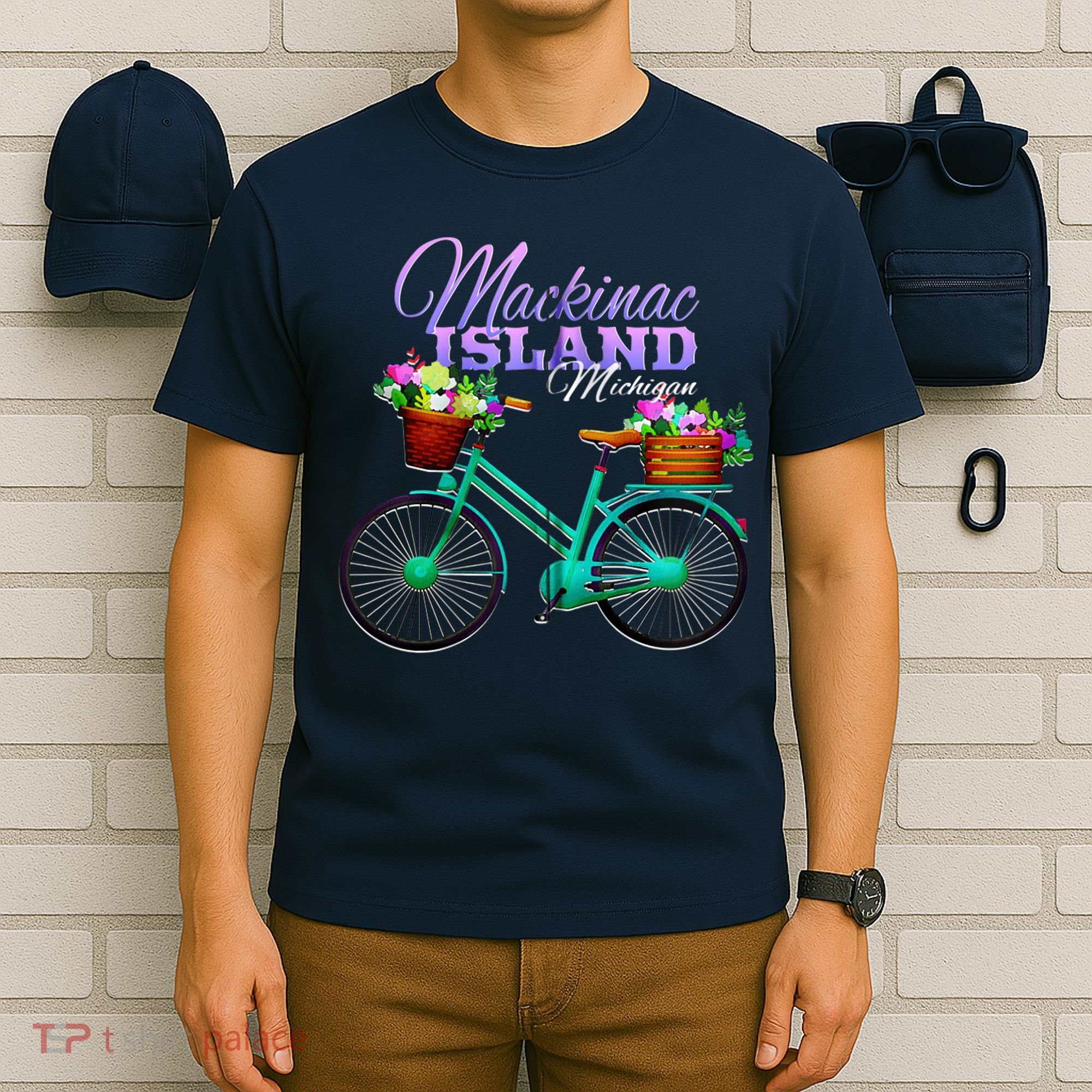 Mackinac Island Michigan Gift Vintage Bike Flowers Zip Hoodie T-Shirt