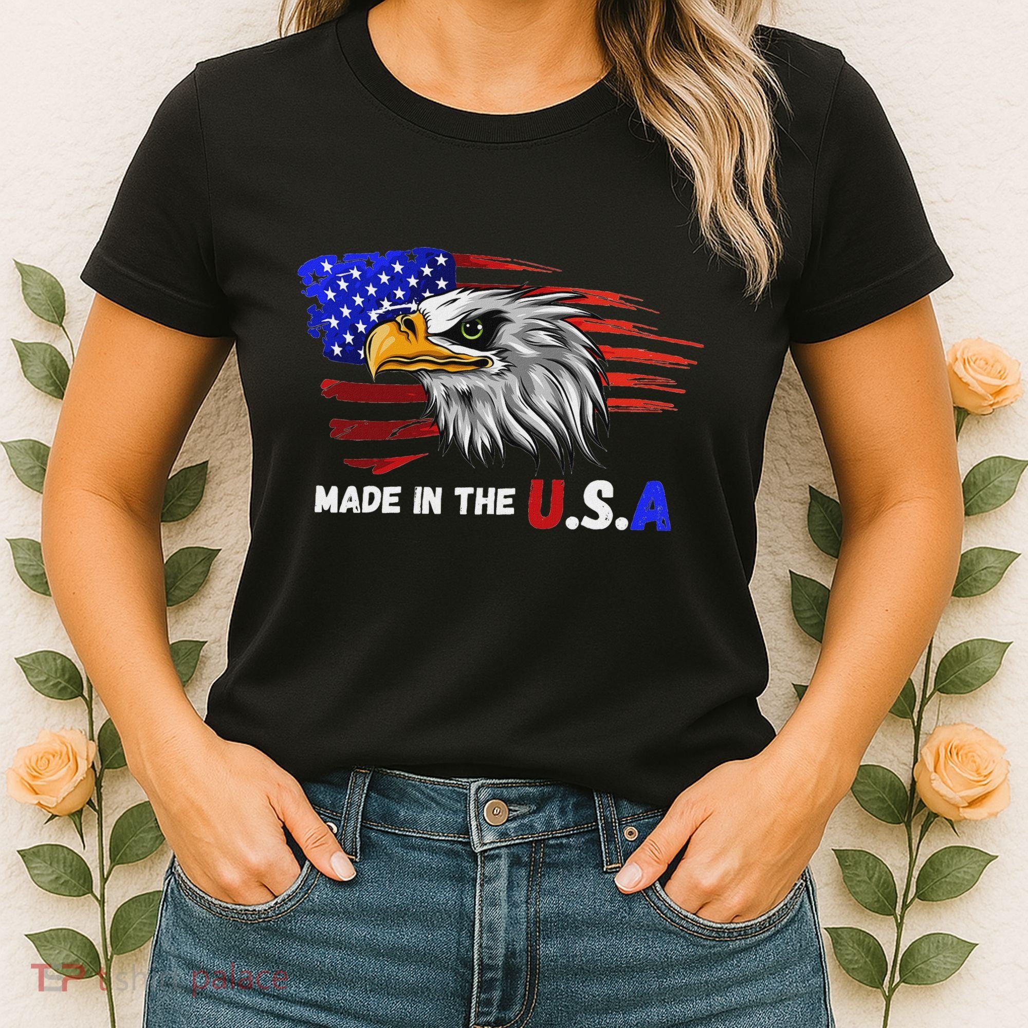 Made In The U.S.A Bald Eagle Patriotic Flag Tattoo Women's T-Shirt