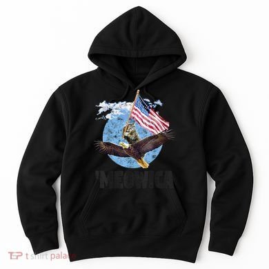 Meowica July 4h Funny Cat Bald Eagle American Flag Hoodie