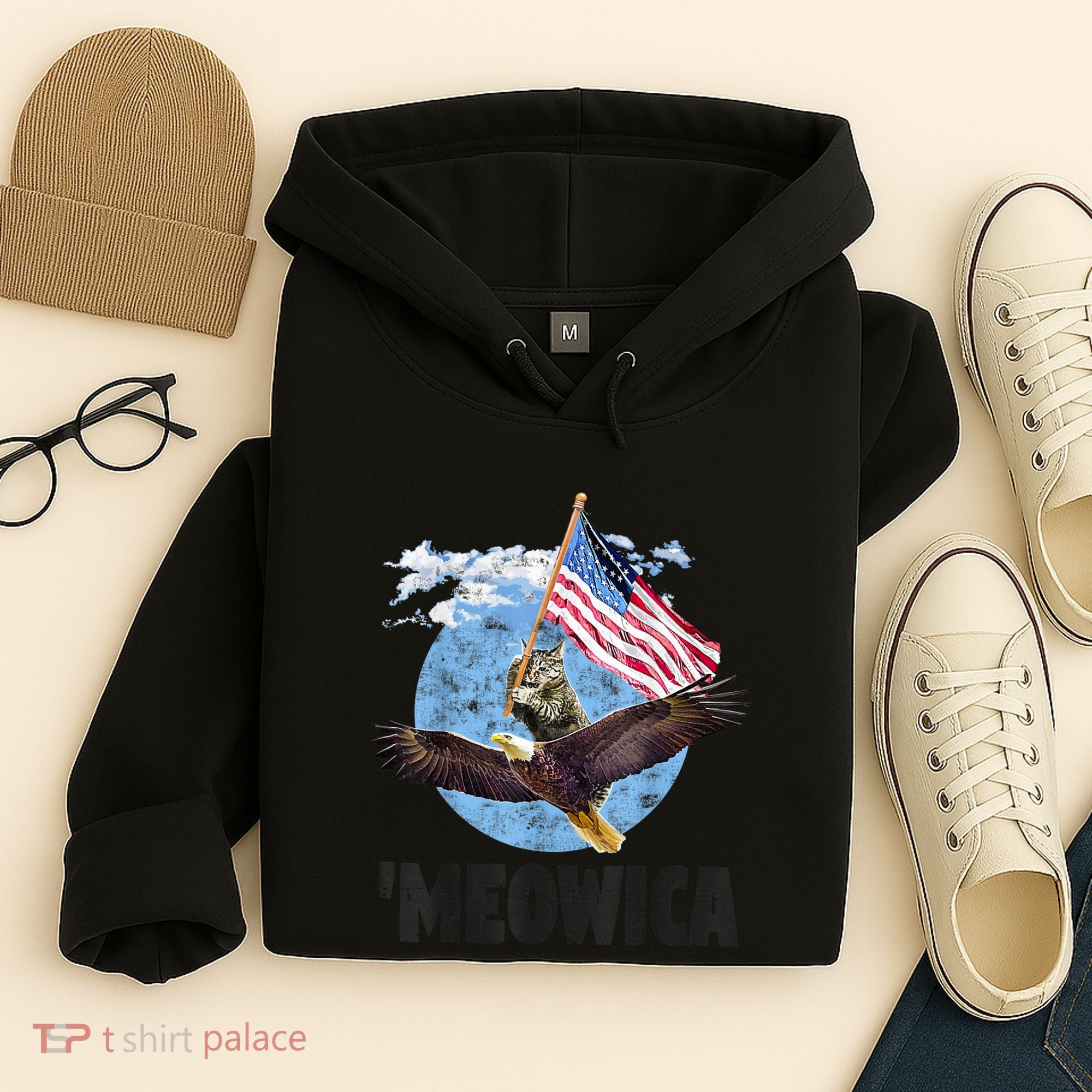 Meowica July 4h Funny Cat Bald Eagle American Flag Hoodie
