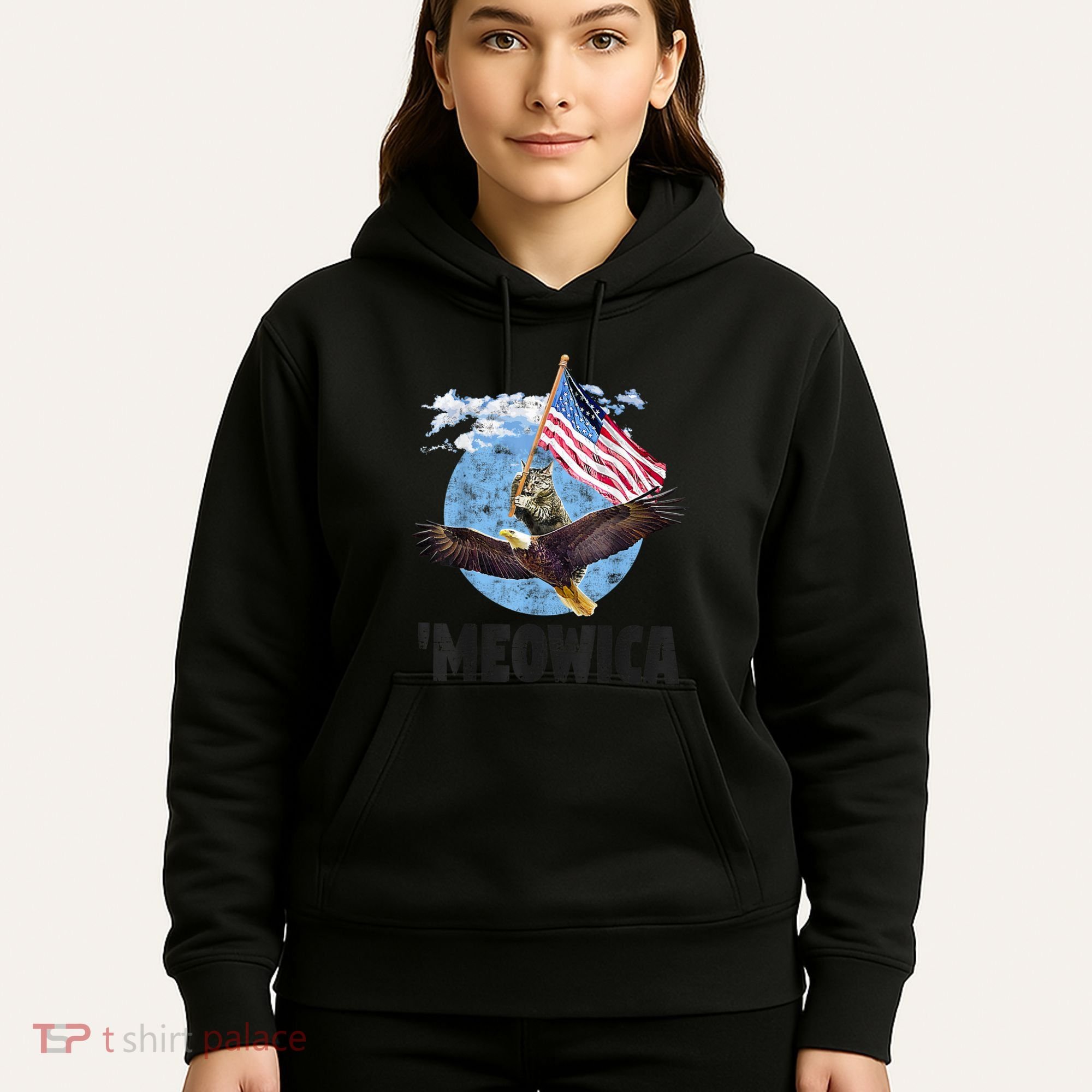 Meowica July 4h Funny Cat Bald Eagle American Flag Hoodie