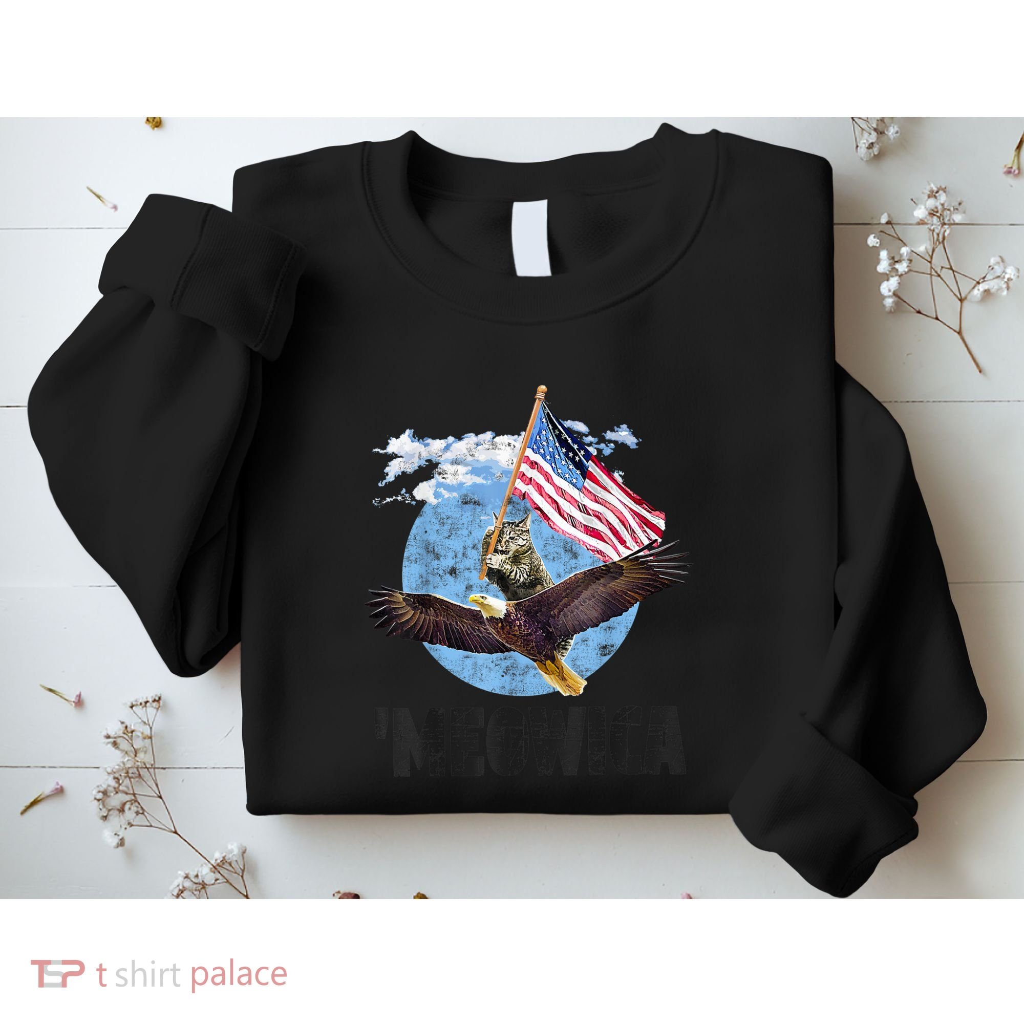 Meowica July 4h Funny Cat Bald Eagle American Flag Sweatshirt