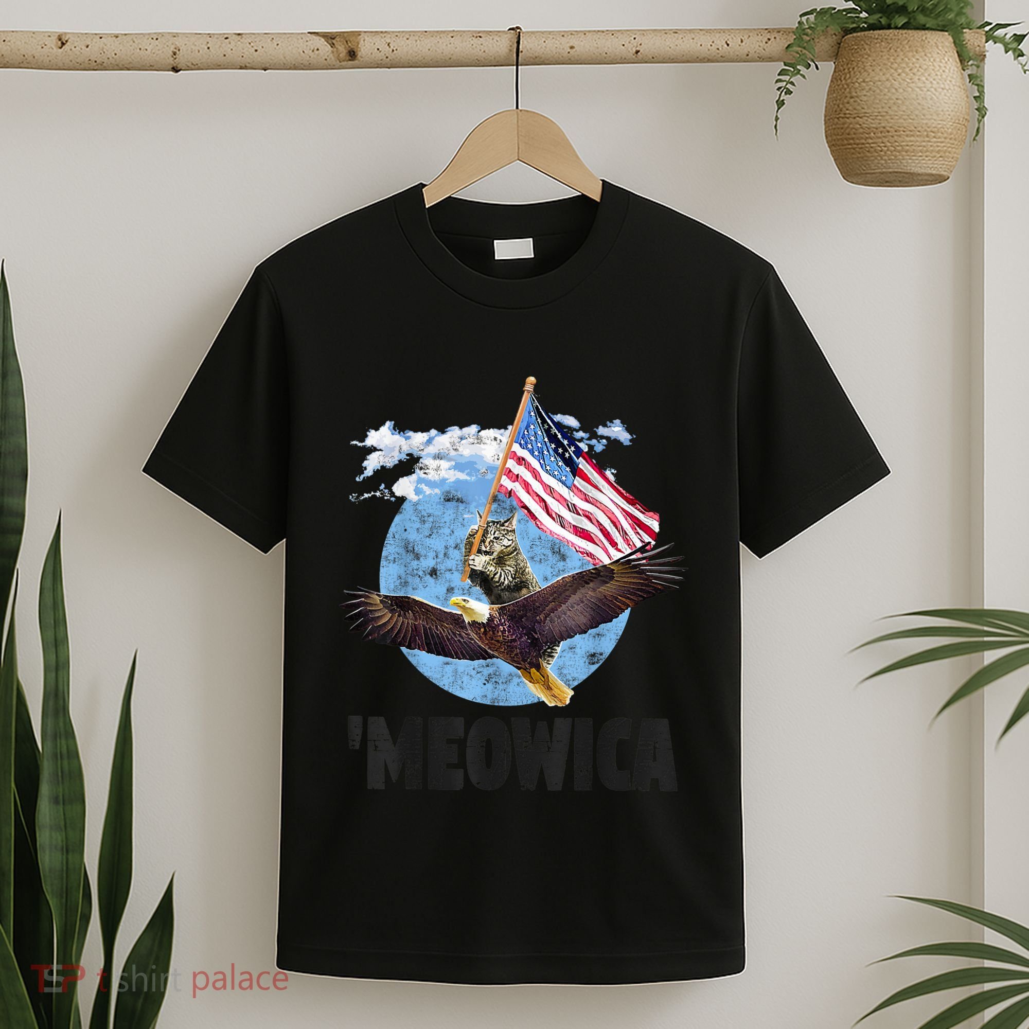 Meowica July 4h Funny Cat Bald Eagle American Flag T-Shirt