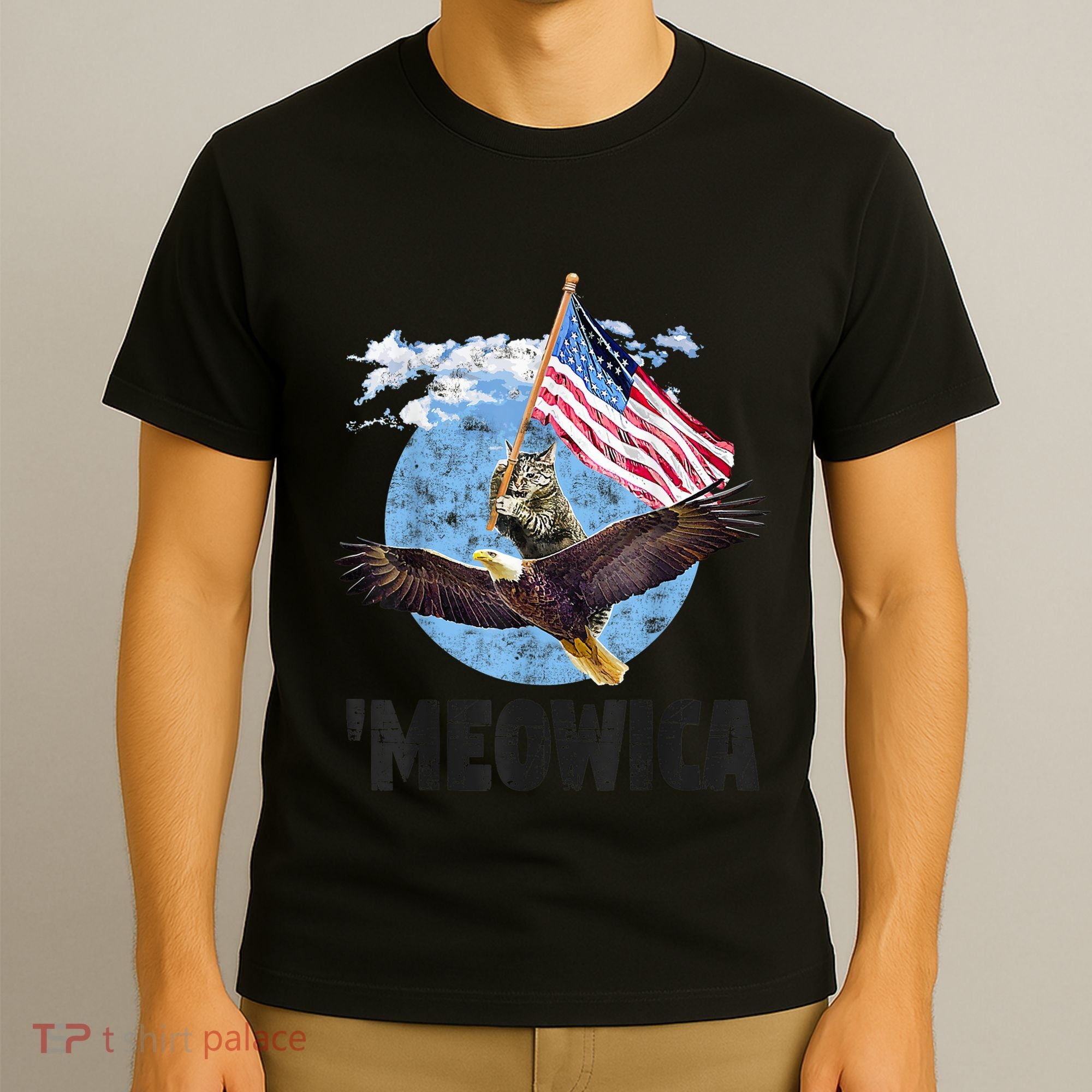 Meowica July 4h Funny Cat Bald Eagle American Flag T-Shirt