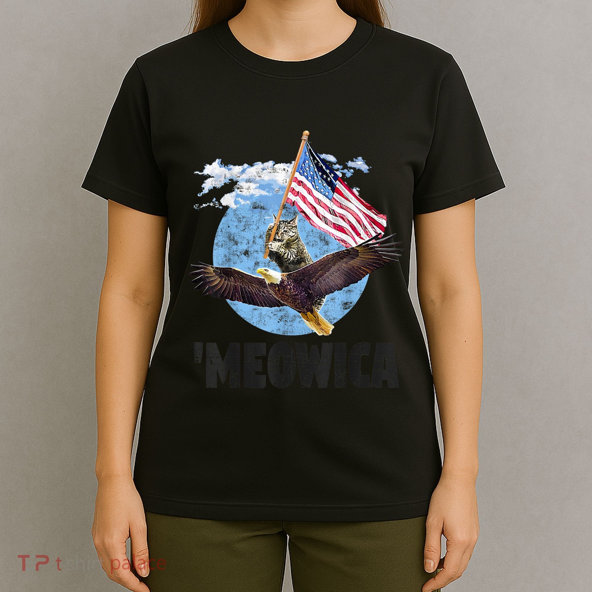 Meowica July 4h Funny Cat Bald Eagle American Flag T-Shirt
