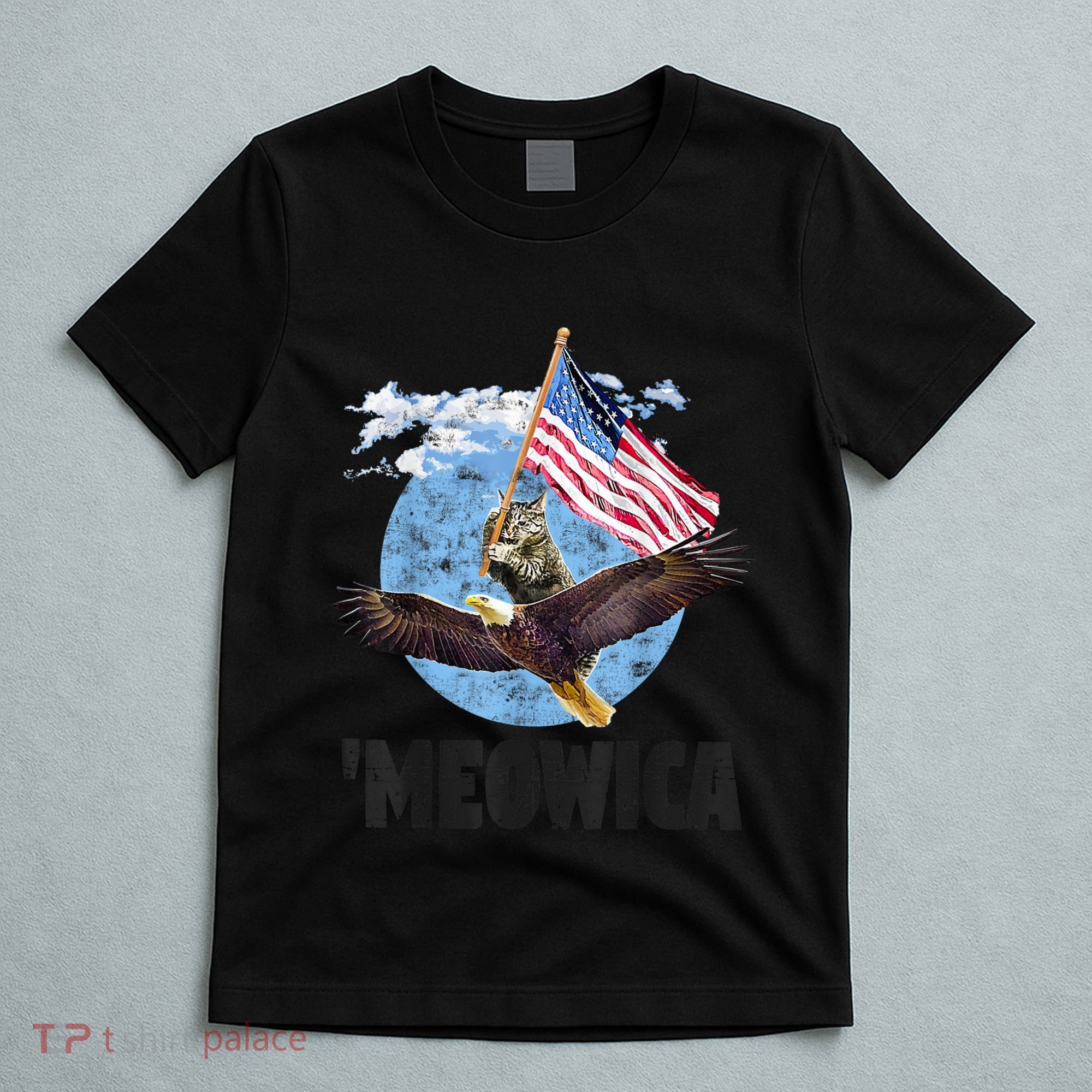 Meowica July 4h Funny Cat Bald Eagle American Flag T-Shirt