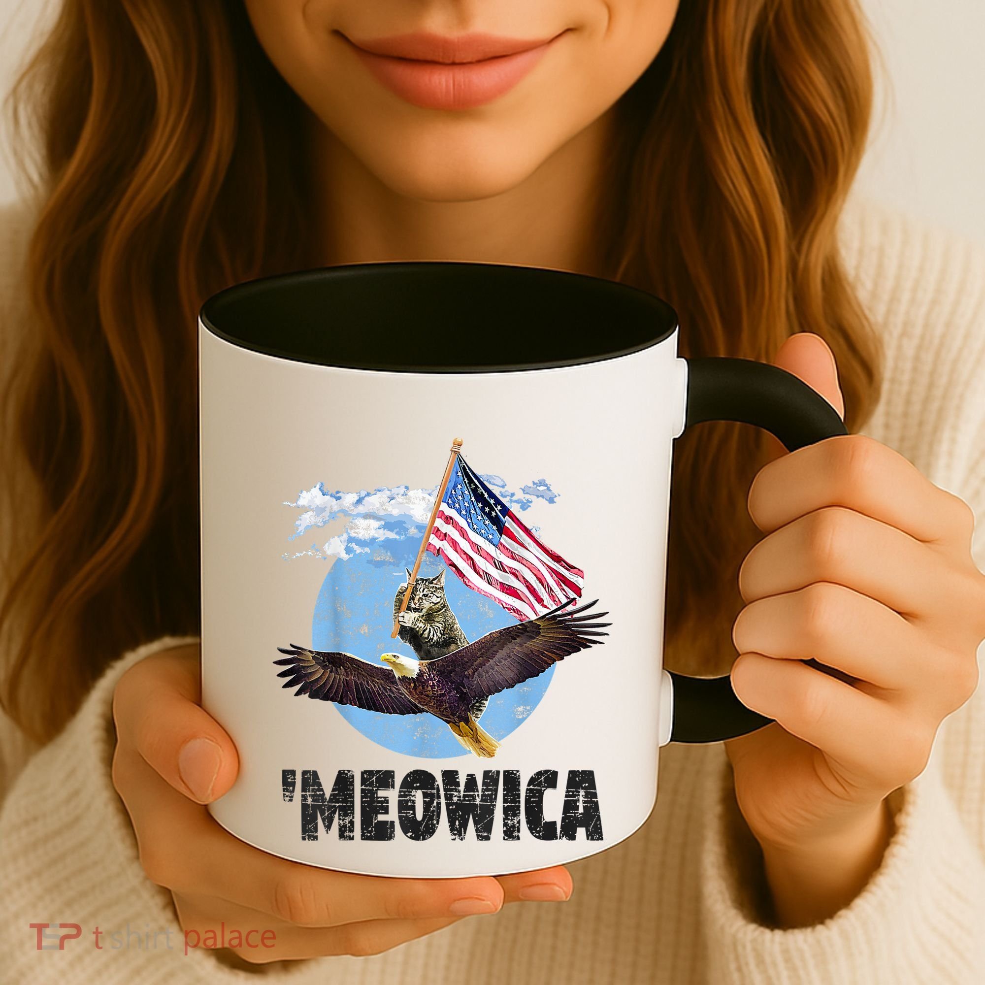 Meowica July 4h Funny Cat Bald Eagle American Flag Coffee Mug