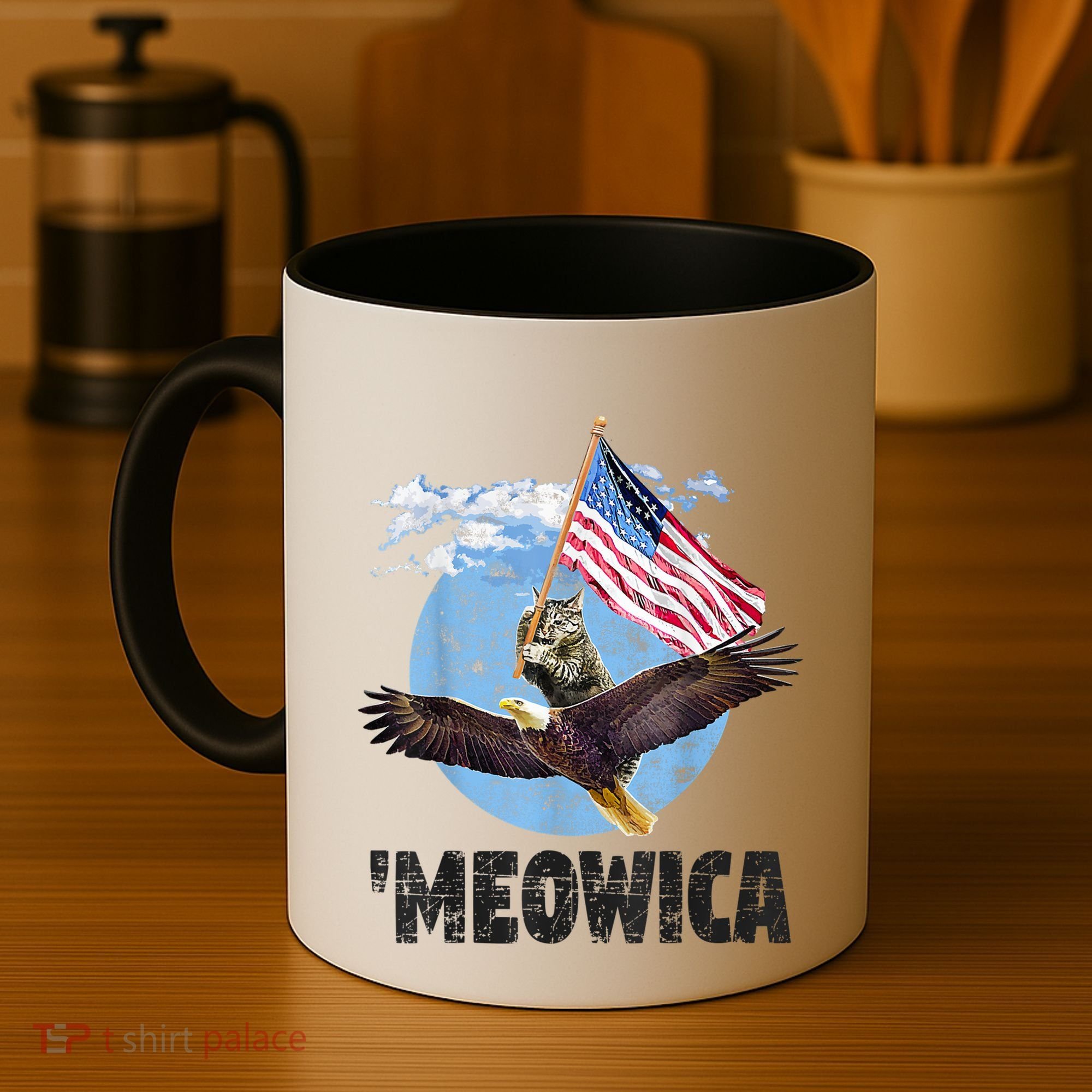 Meowica July 4h Funny Cat Bald Eagle American Flag Coffee Mug