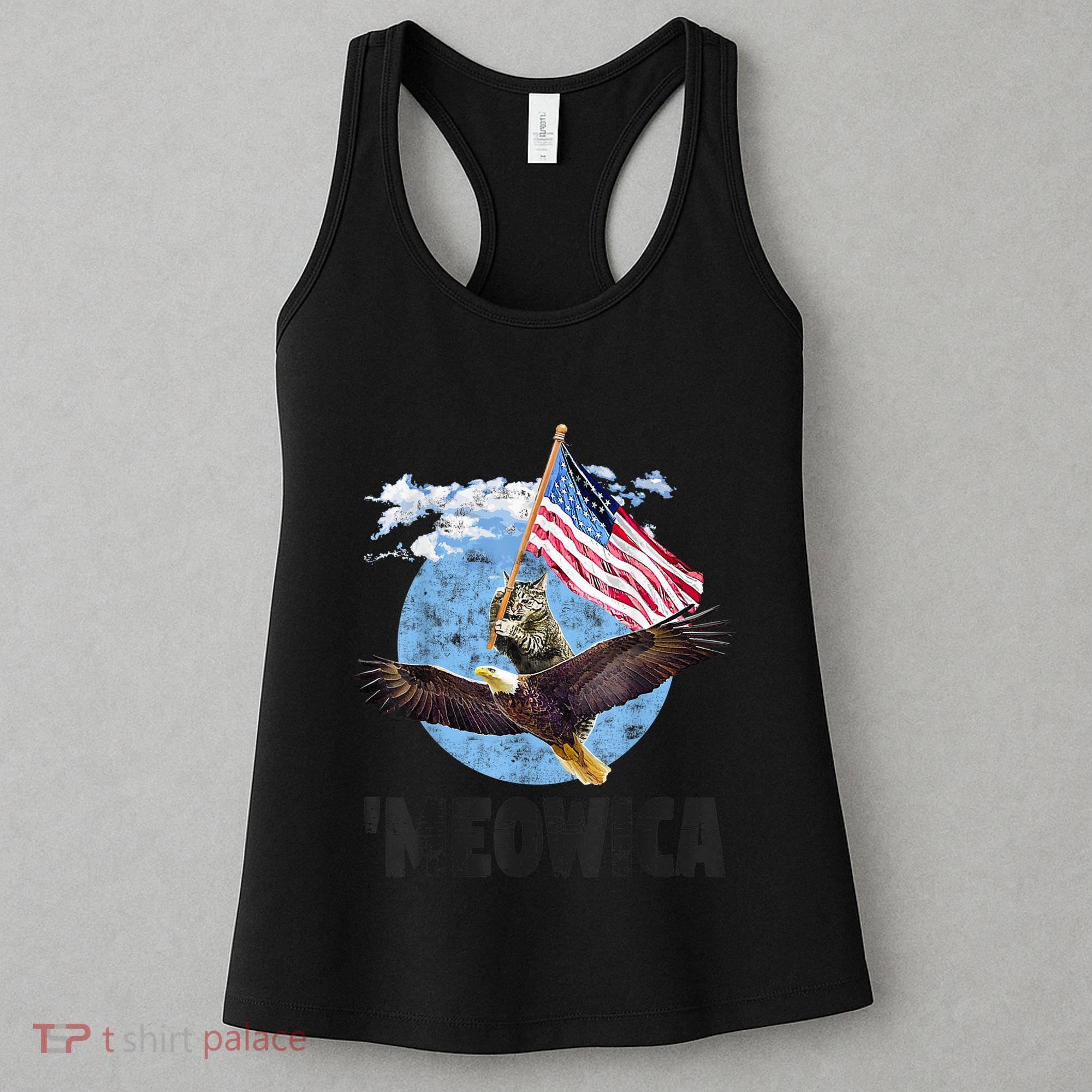 Meowica July 4h Funny Cat Bald Eagle American Flag Women's Tank Top