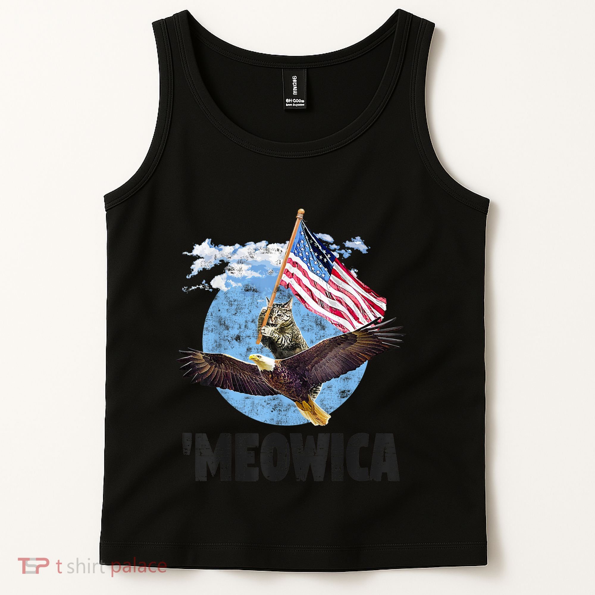 Meowica July 4h Funny Cat Bald Eagle American Flag Tank Top