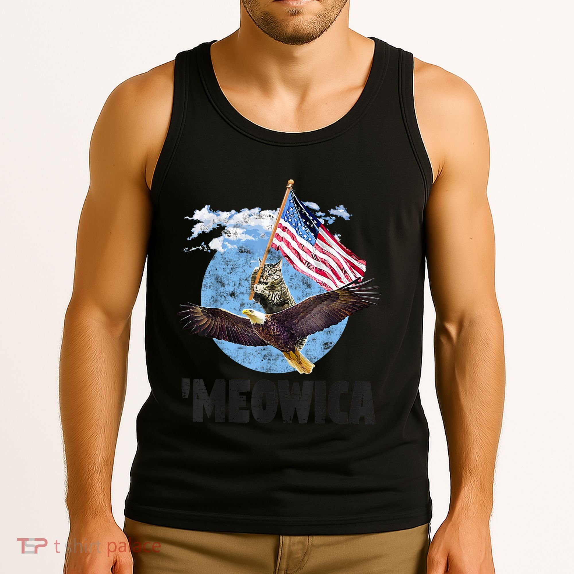 Meowica July 4h Funny Cat Bald Eagle American Flag Tank Top