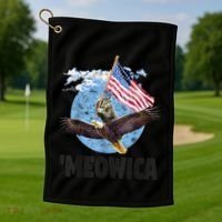 Meowica July 4h Funny Cat Bald Eagle American Flag Golf Towel thumb 1