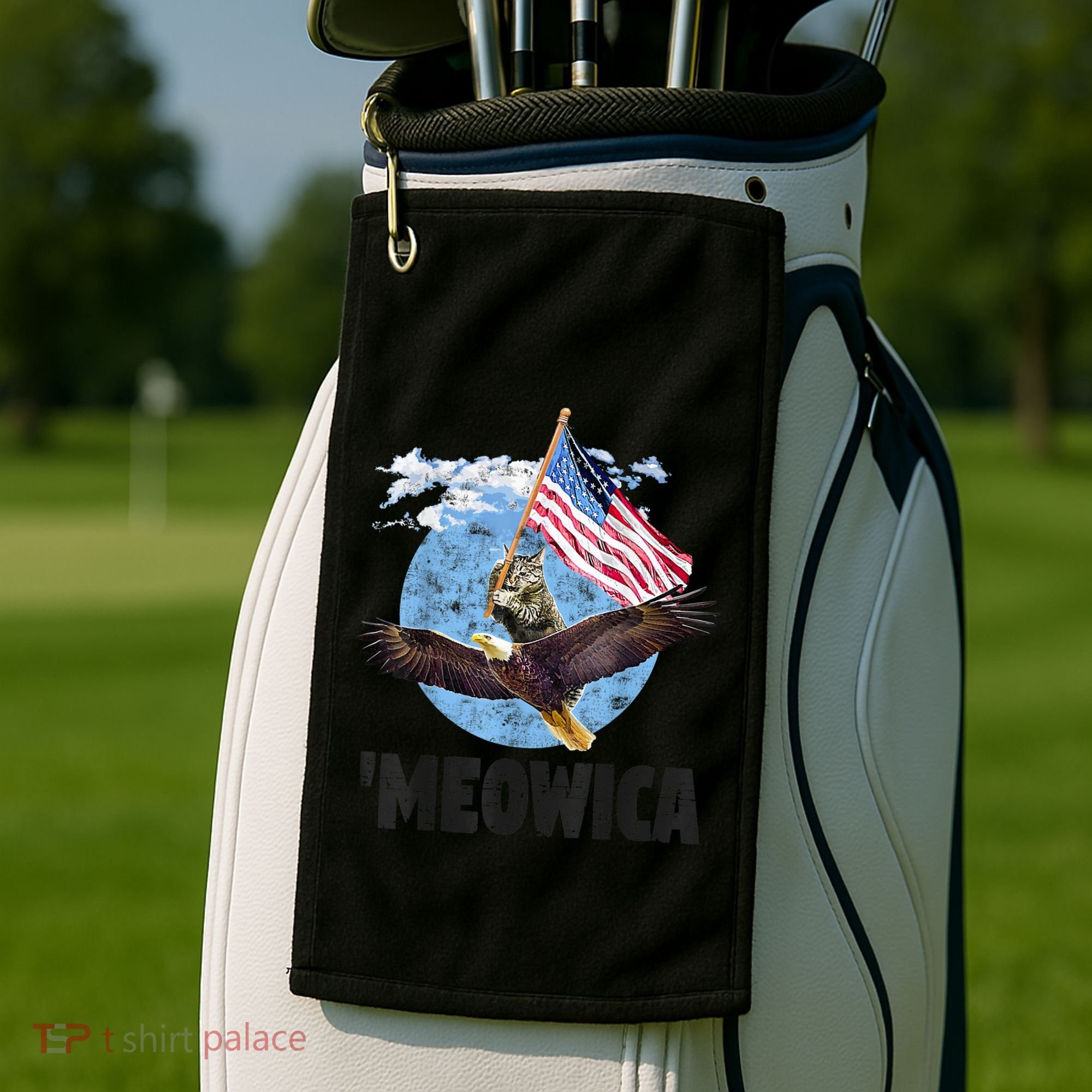Meowica July 4h Funny Cat Bald Eagle American Flag Golf Towel