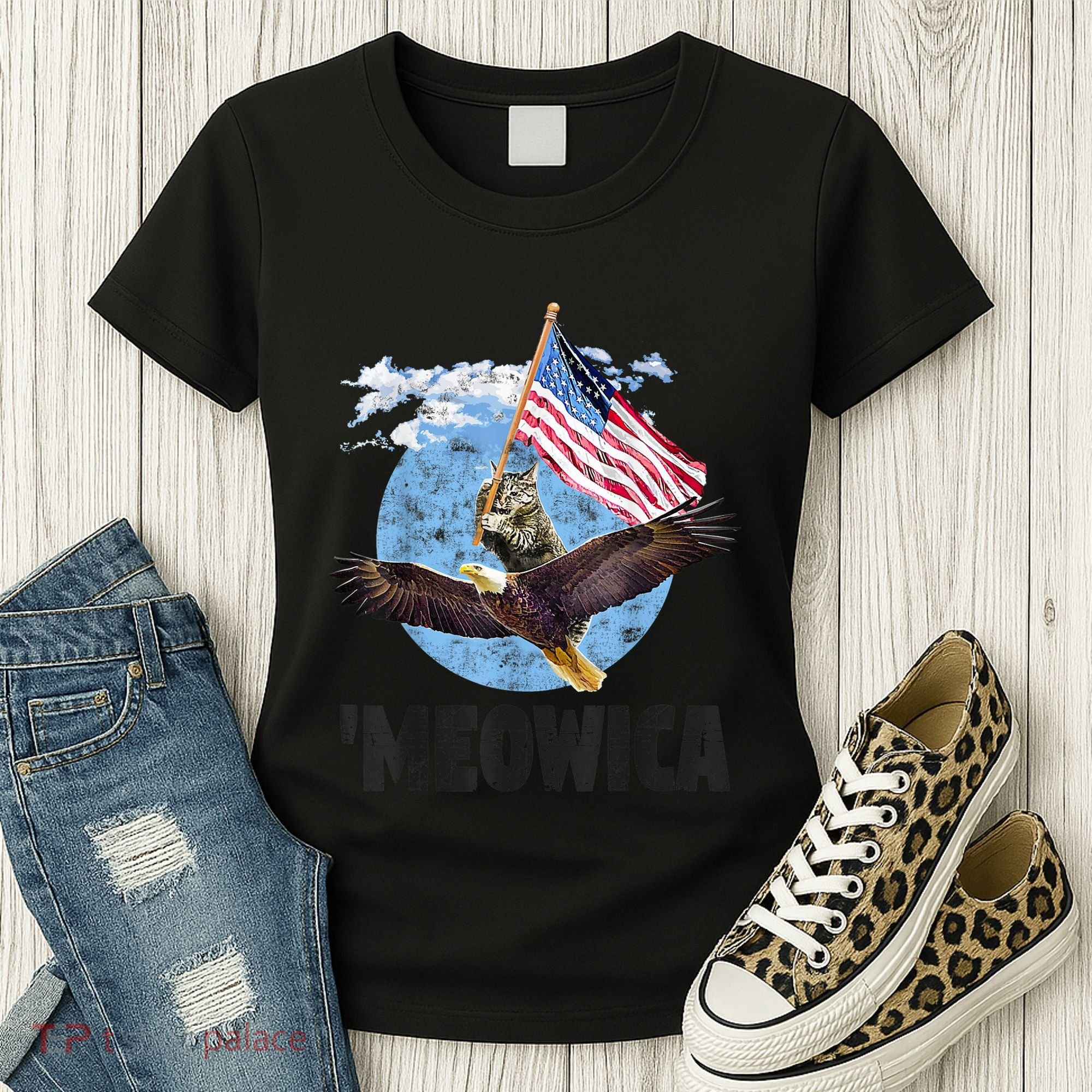 Meowica July 4h Funny Cat Bald Eagle American Flag Women's T-Shirt
