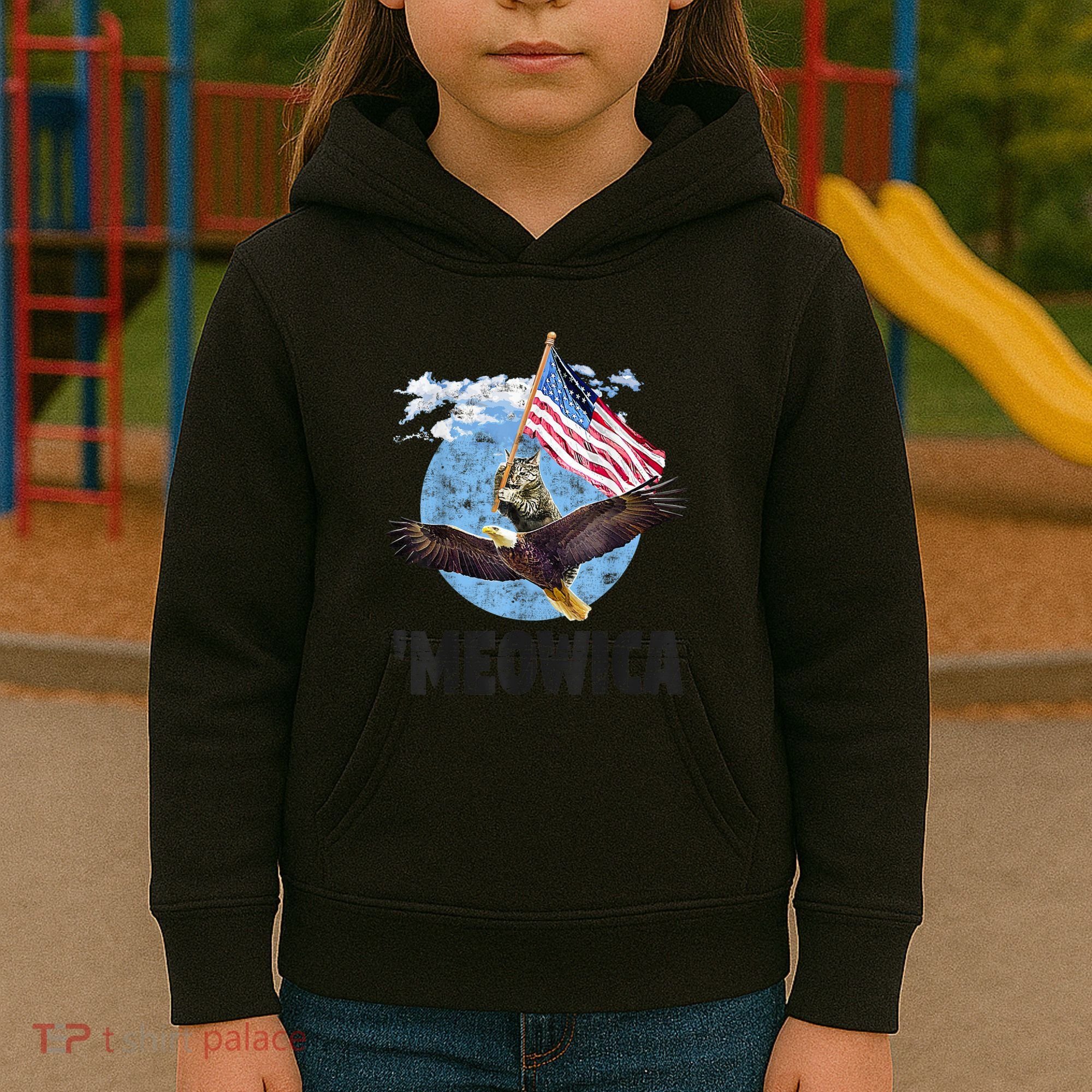 Meowica July 4h Funny Cat Bald Eagle American Flag Kids Hoodie