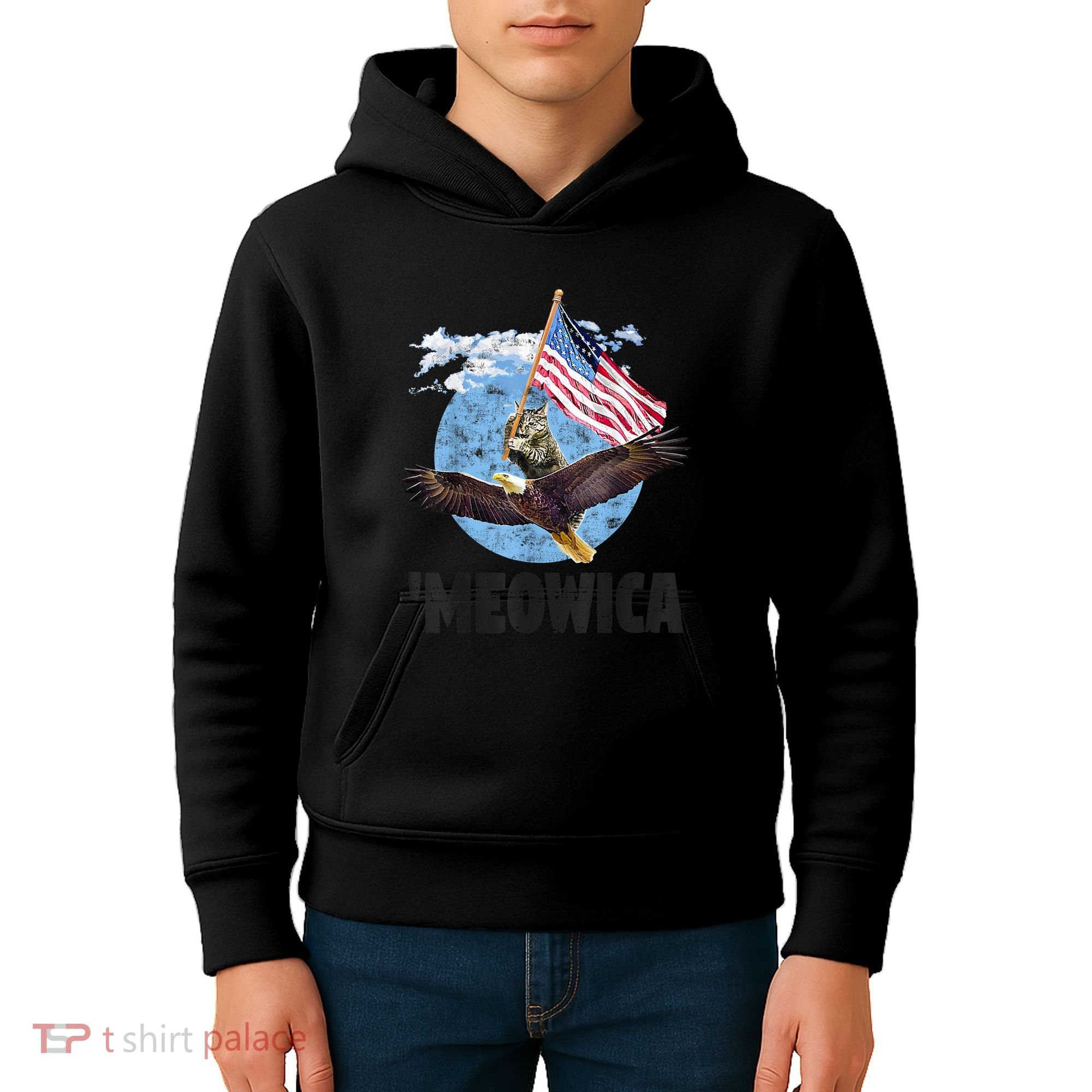 Meowica July 4h Funny Cat Bald Eagle American Flag Kids Hoodie