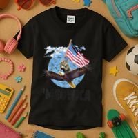 Meowica July 4h Funny Cat Bald Eagle American Flag Kids T-Shirt thumb 3