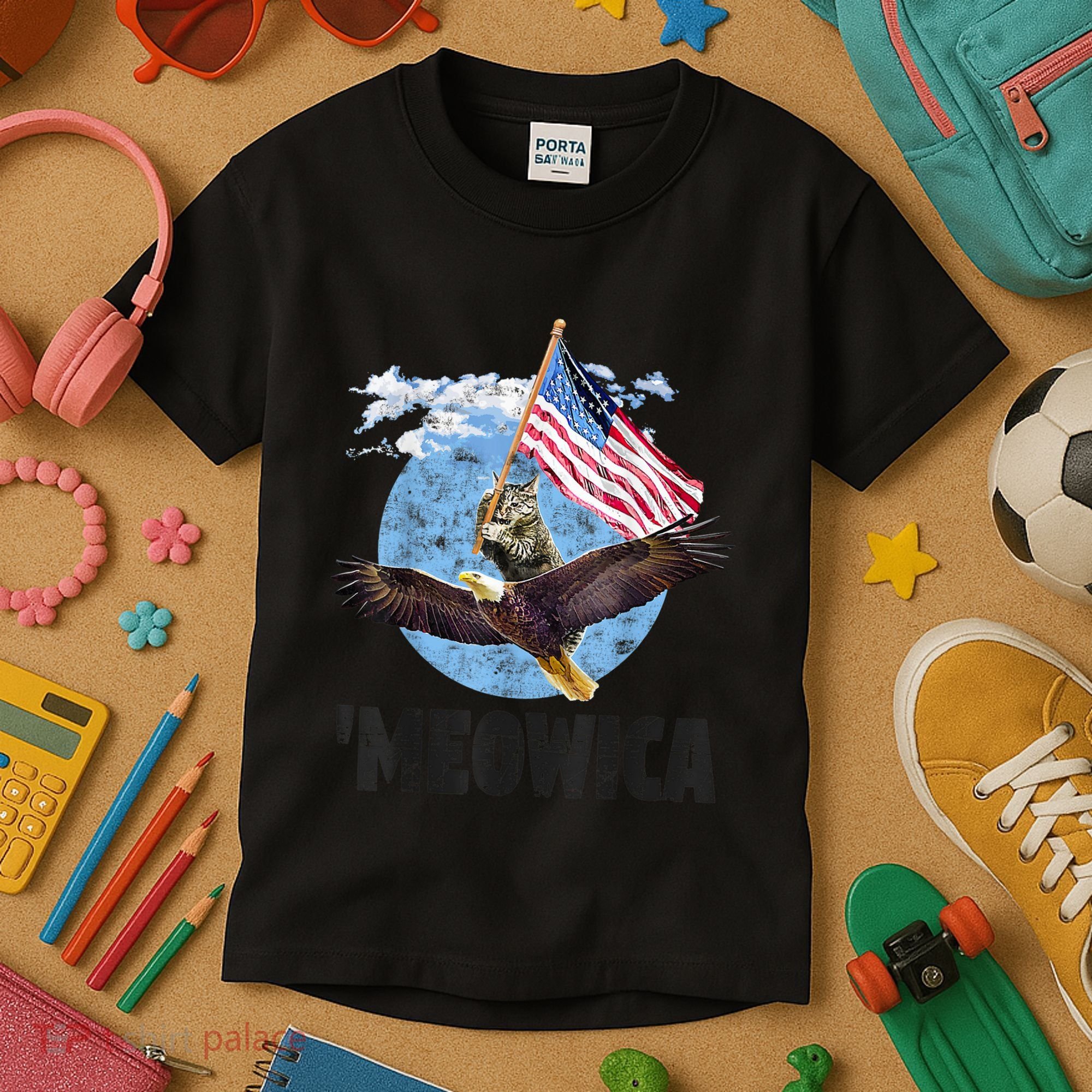 Meowica July 4h Funny Cat Bald Eagle American Flag Kids T-Shirt