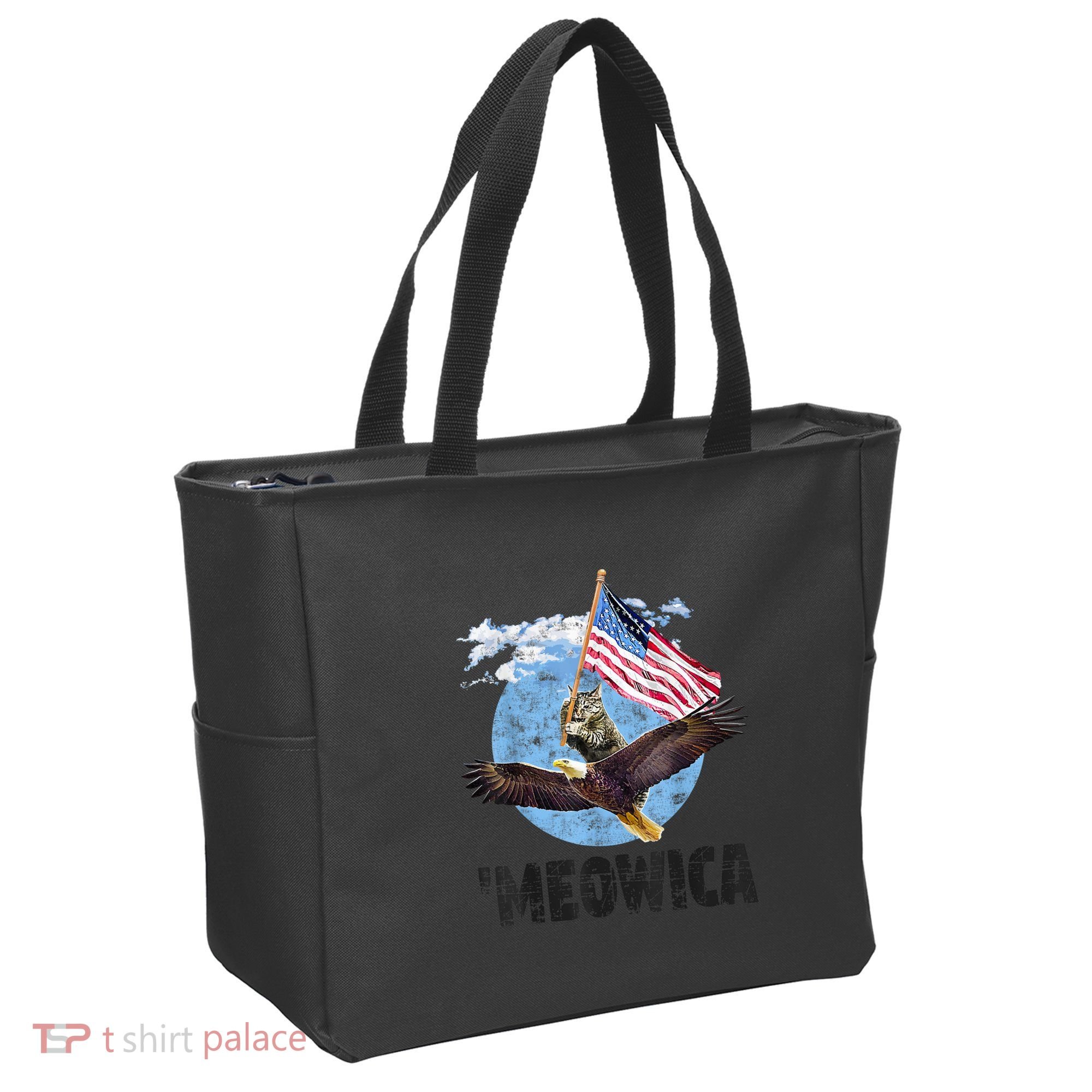 Meowica July 4h Funny Cat Bald Eagle American Flag Tote Bag