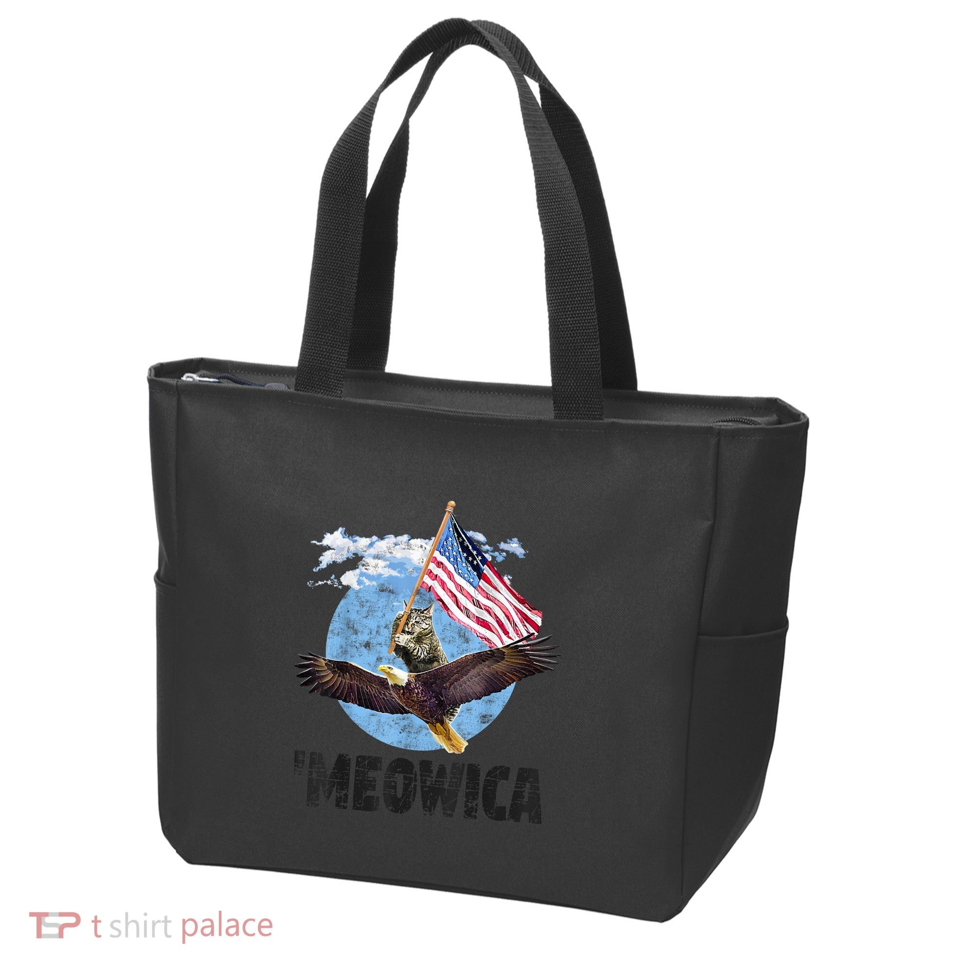 Meowica July 4h Funny Cat Bald Eagle American Flag Tote Bag