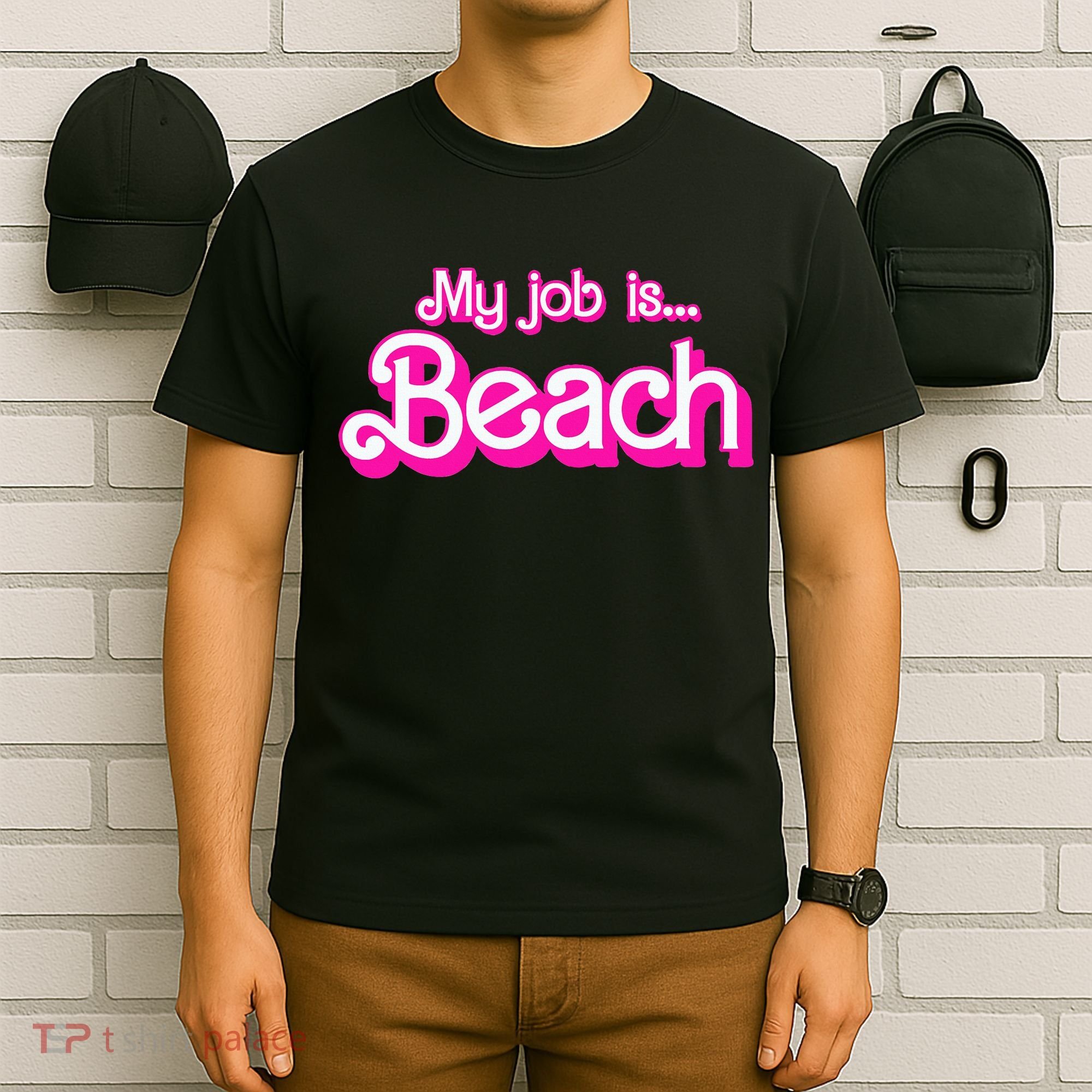 My Job Is Beach Pink Retro Funny Beach Lover T-Shirt