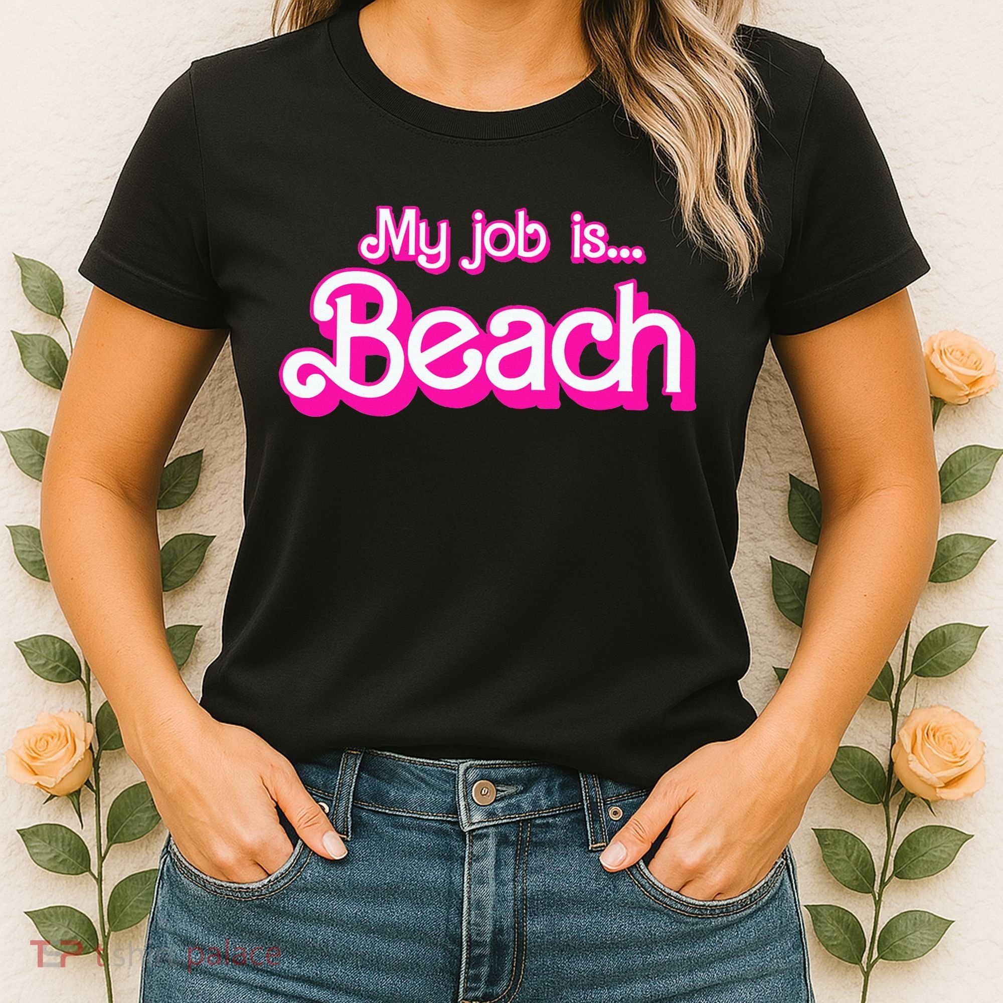 My Job Is Beach Pink Retro Funny Beach Lover Women's T-Shirt